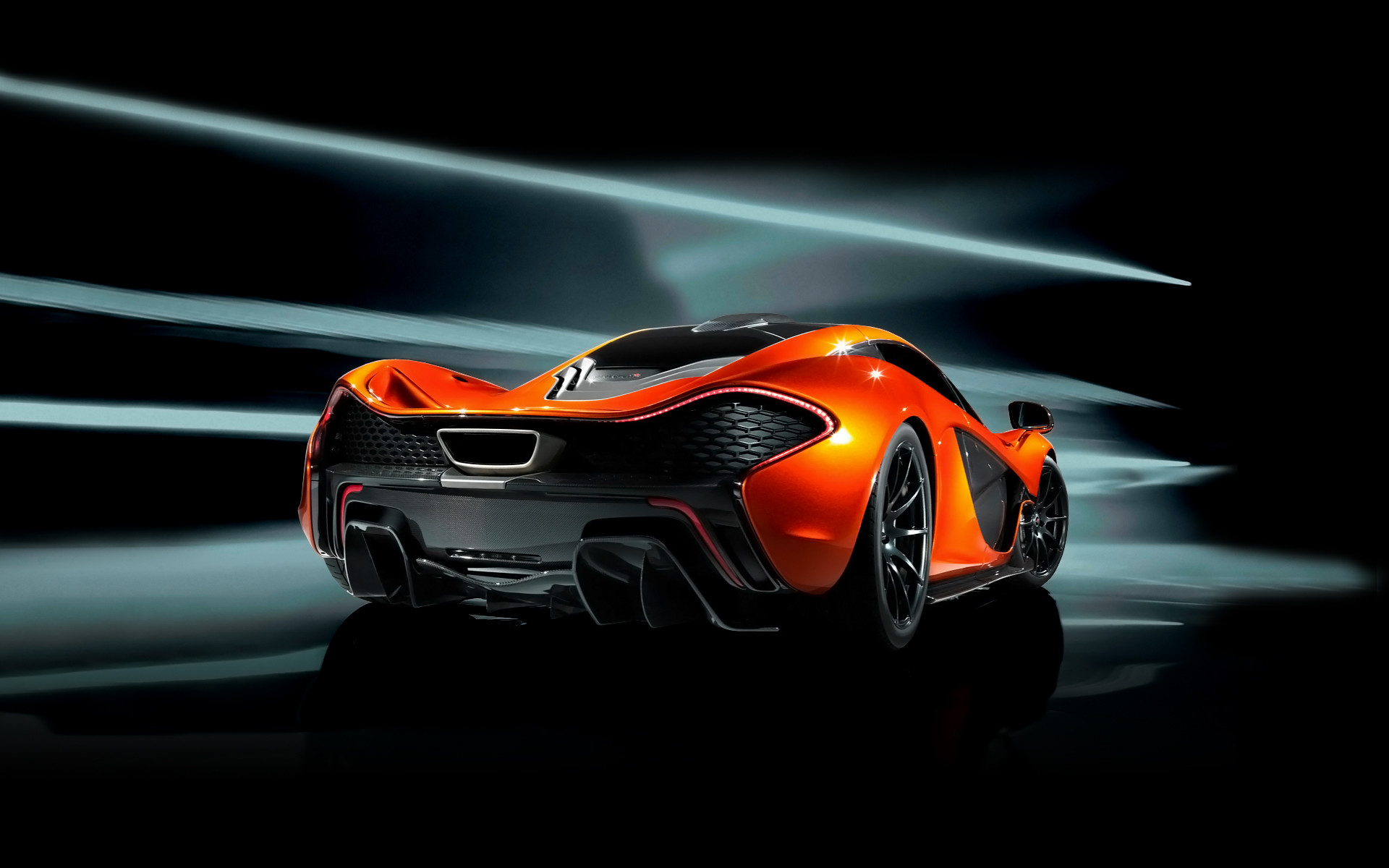 McLaren P1, Arancione, Vista posteriore, Sfondo nero, Full HD, wallpaper per PC