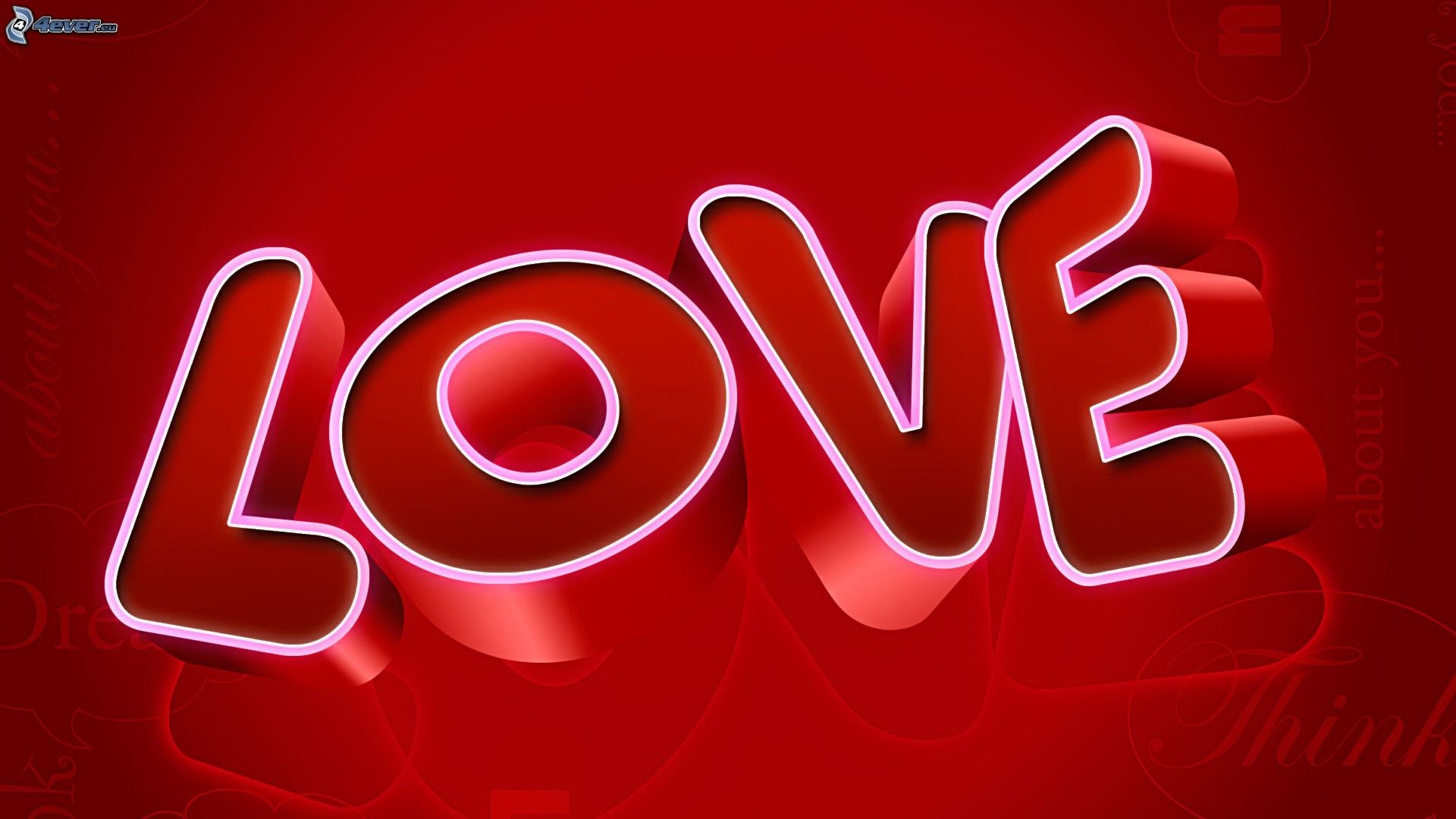 Scritta Love, 3D, Sfondo rosso, 16:9 Full HD, wallpaper widescreen