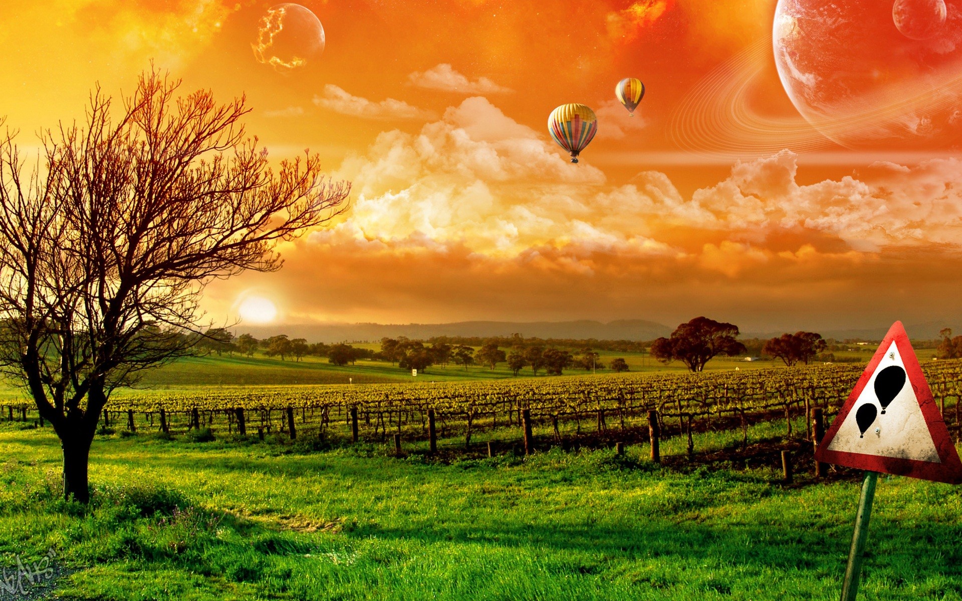 Mongolfiere, Campagna, Pianeti, Surreale, Tramonto, 1920x1200, sfondo MacBook Pro