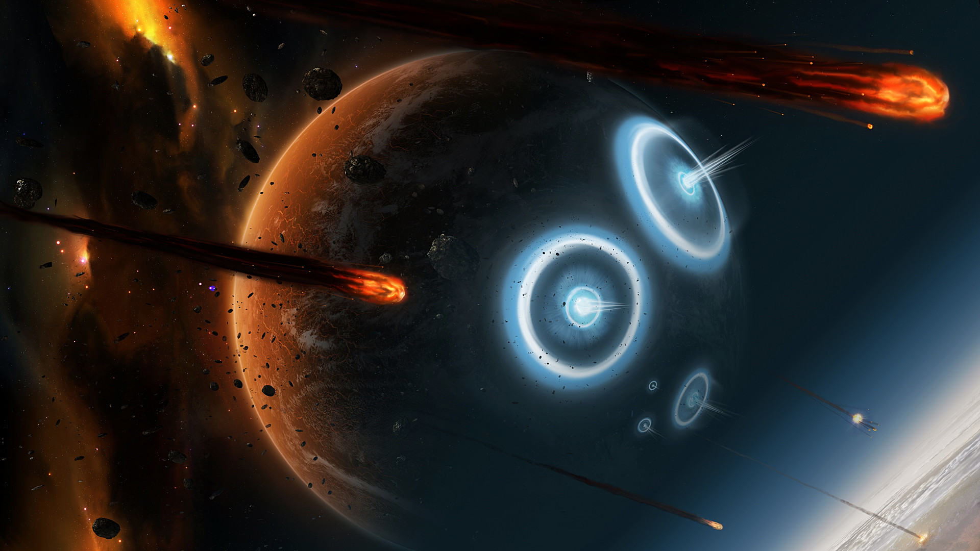 Pianeta, Meteore, Astronavi, Fantascienza, 16:9 Full HD, sfondo widescreen