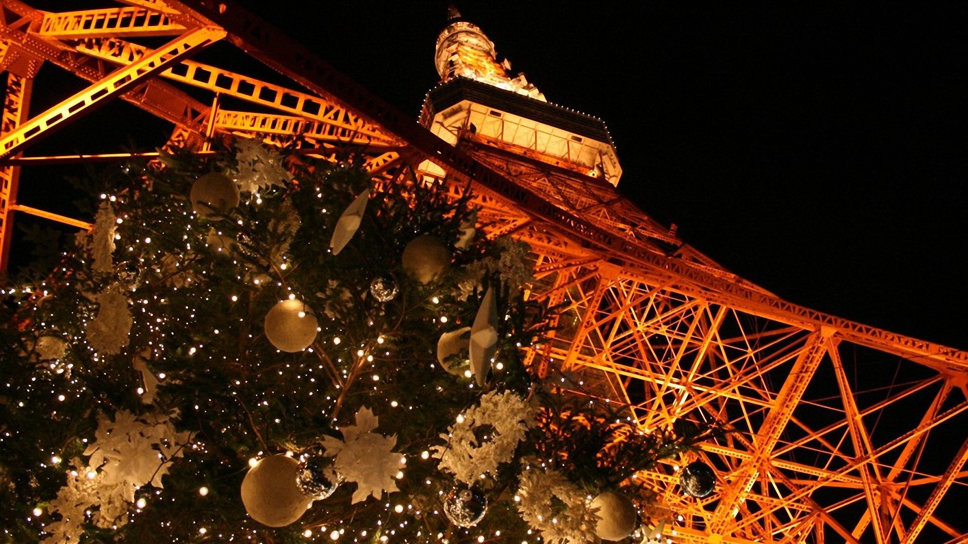Torre di Tokyo, Tokyo, Decorazioni natalizie, Notte, Luci, 16:9 Full HD, sfondo widescreen