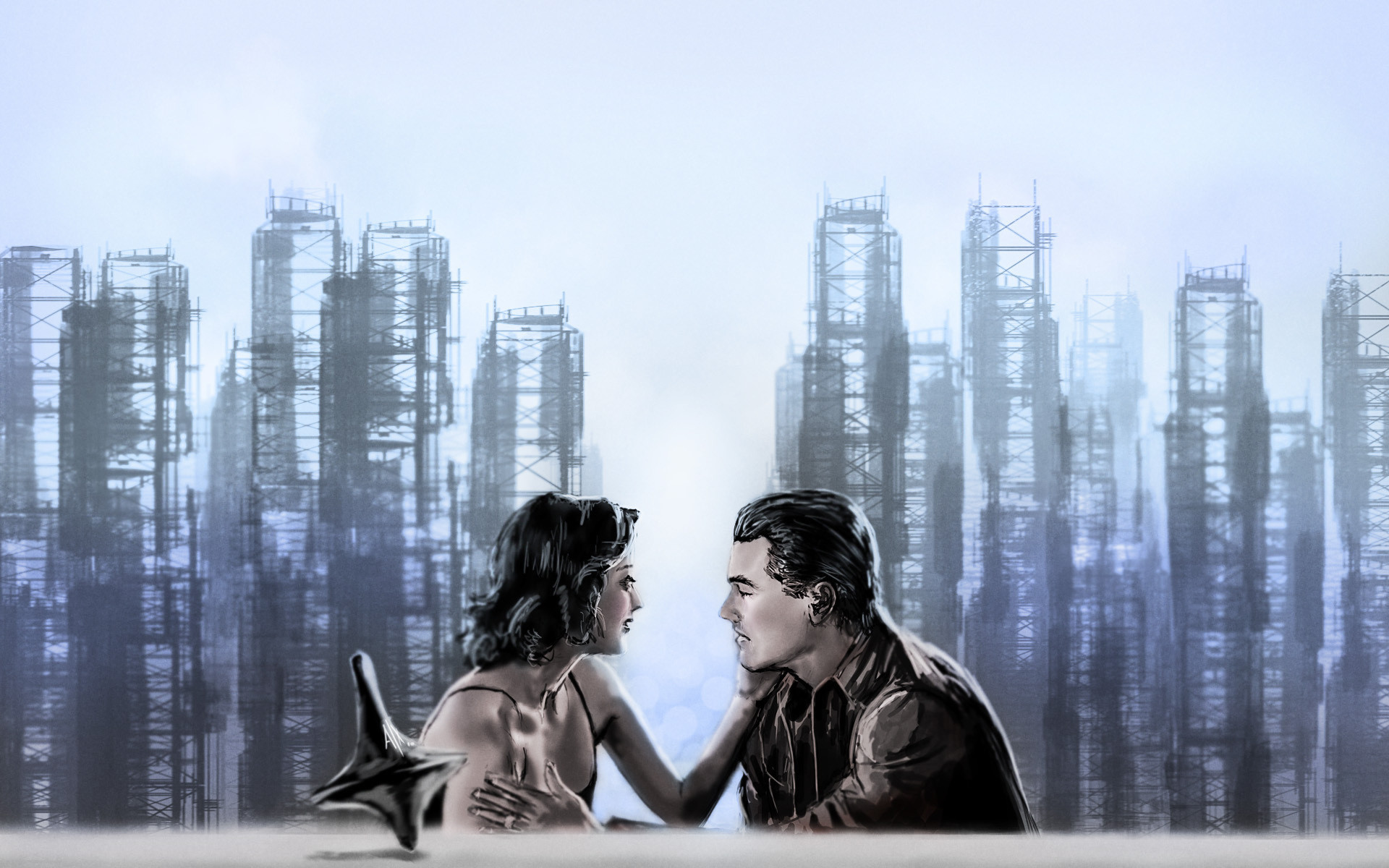 Inception, Leonardo DiCaprio, Marion Cotillard, Limbo, Trottola, Illustrazione, sfondo Full HD