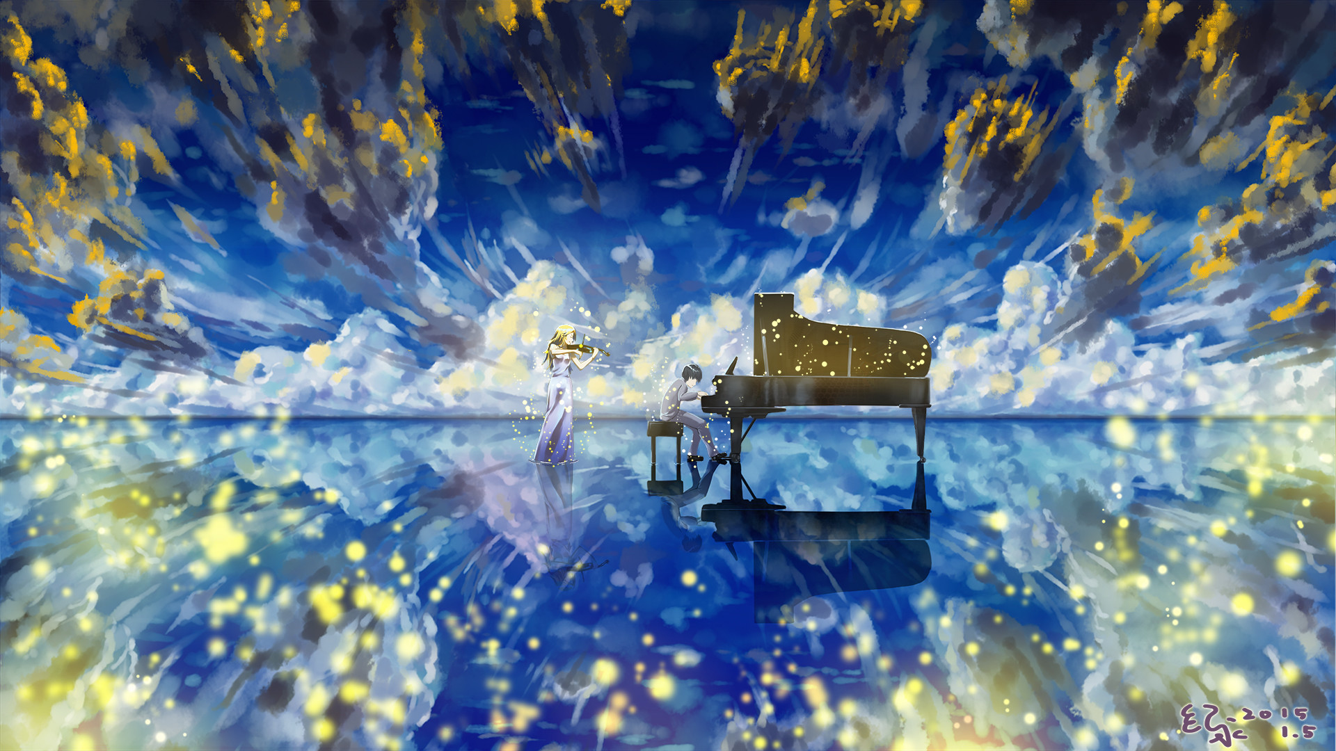 Pianoforte, Anime, Paesaggio fantasy, Riflesso sull'acqua, Blu, 1920x1080, sfondo per PC