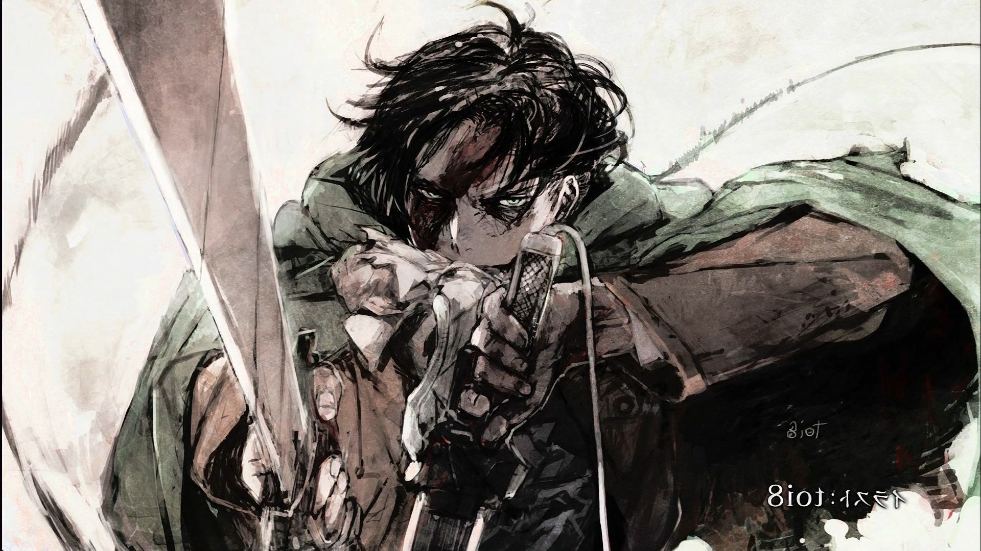 Levi Ackerman, L'attacco dei giganti, Acquerello, Spade, Full HD, sfondo Windows 11