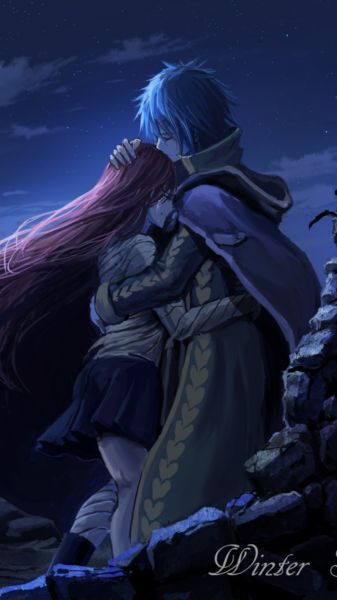 Jellal Fernandes, Erza Scarlet, Fairy Tail, Notte, Full HD, schermata di blocco del cellulare