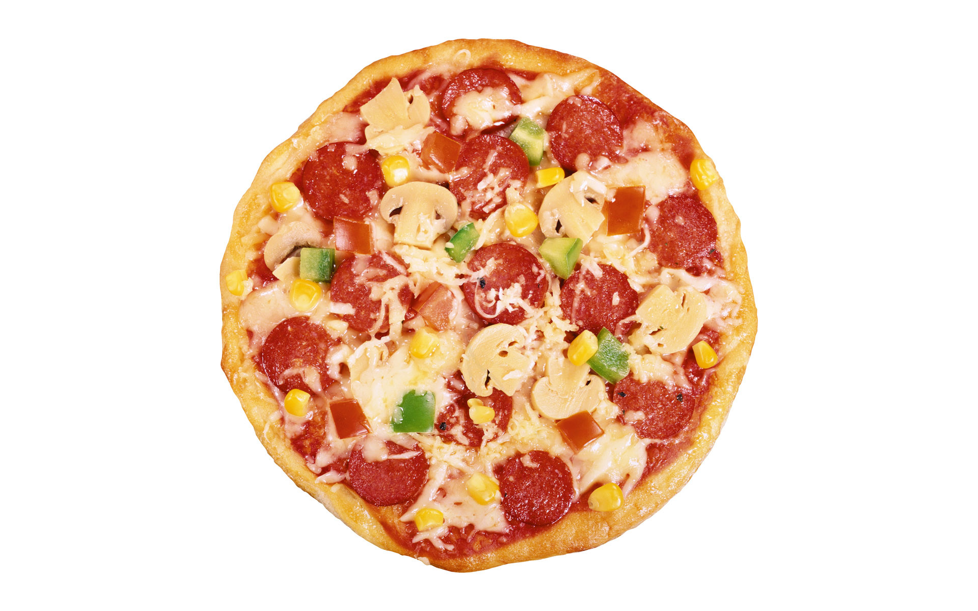 Pizza, Salame piccante, Mais, Vista dall'alto, Full HD, sfondo Windows 11