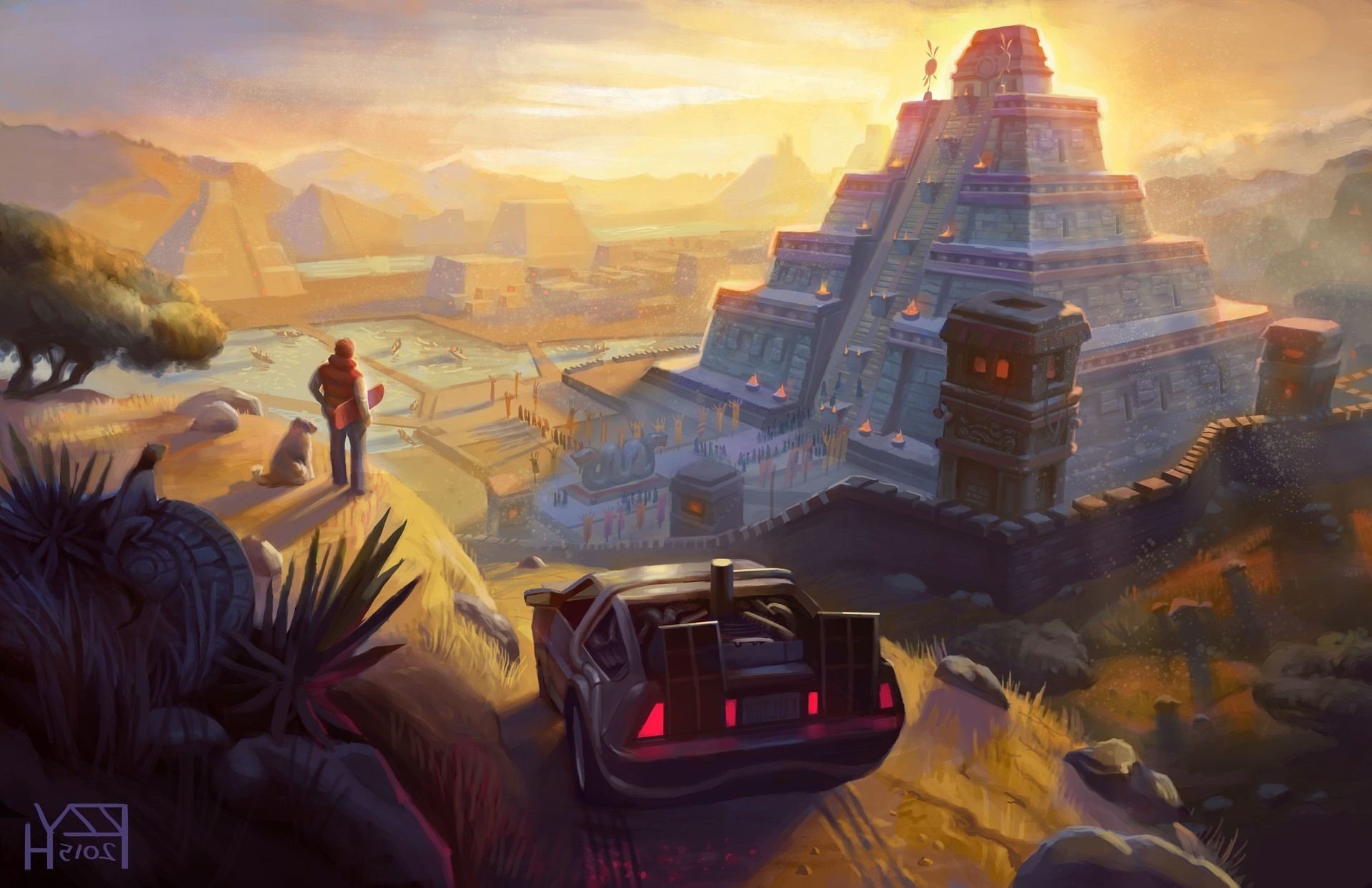 DeLorean DMC-12, Ritorno al futuro, Piramide maya, Illustrazione, Tramonto, sfondo per portatile
