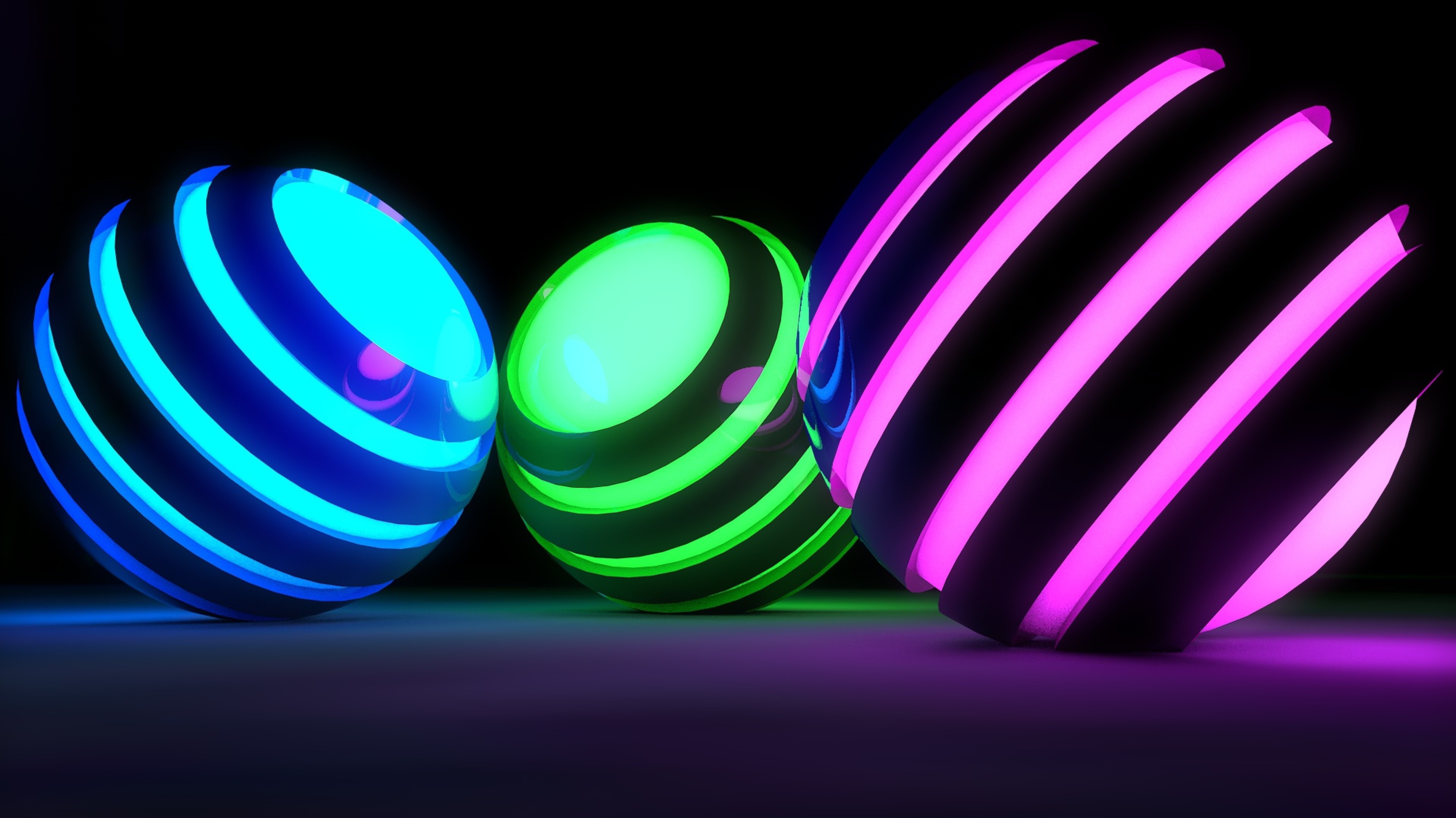 Sfere al neon, Blu, Verde, Rosa, Rendering 3D, 16:9 4K, wallpaper widescreen