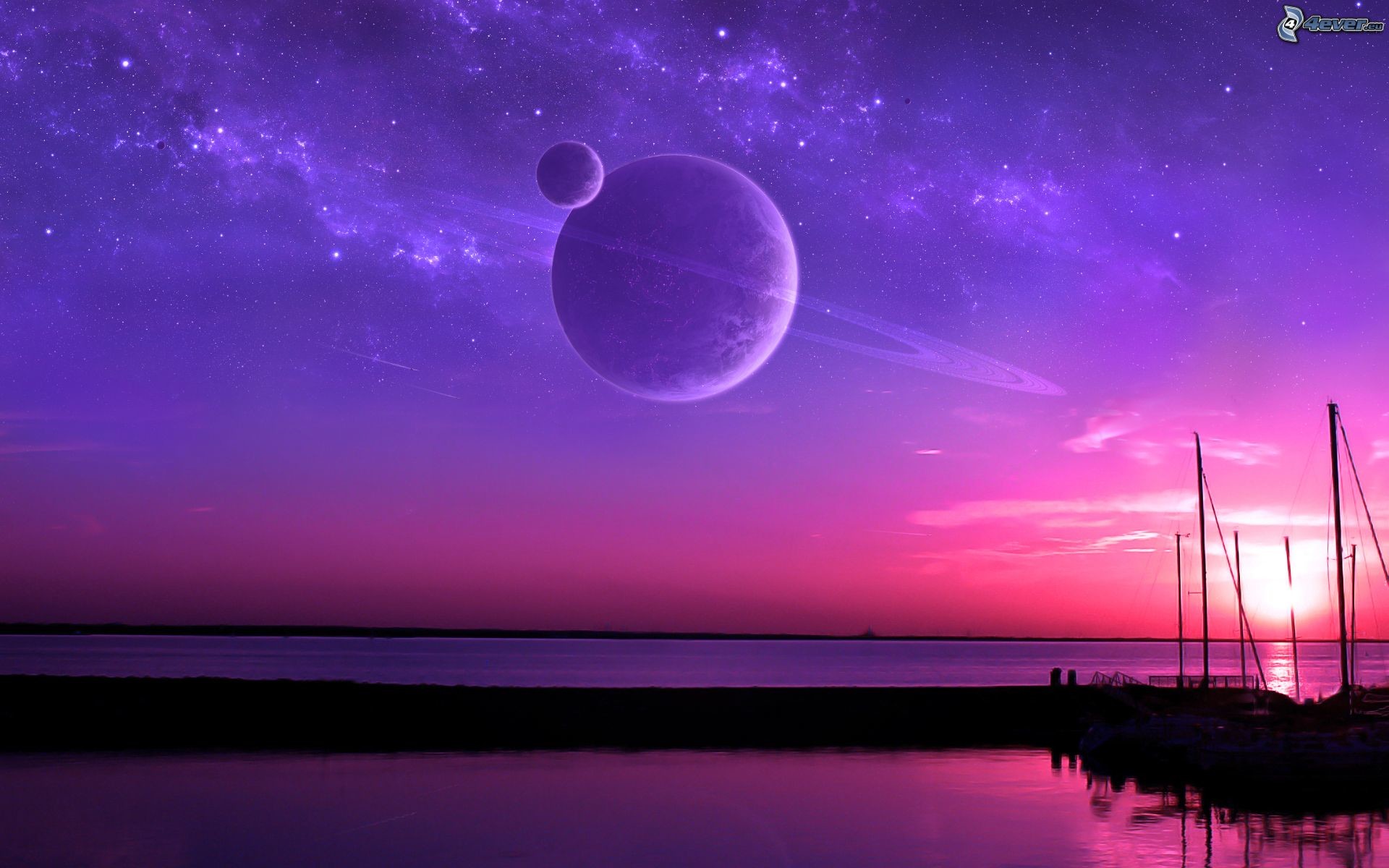 Pianeta, Luna, Mare, Barche a vela, Cielo viola, Tramonto, 16:10 Full HD, wallpaper widescreen