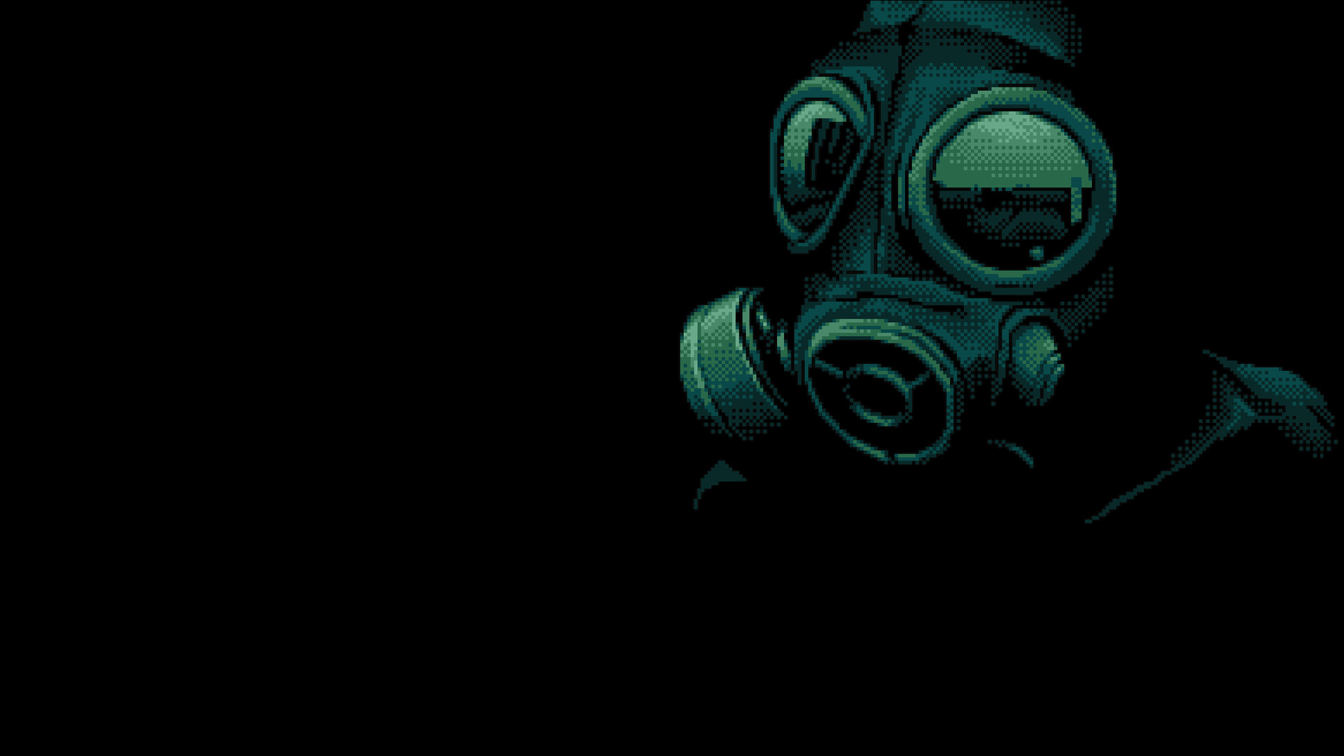 Pixel art, Maschera antigas, Sfondo nero, Toni verdi, Full HD, wallpaper desktop
