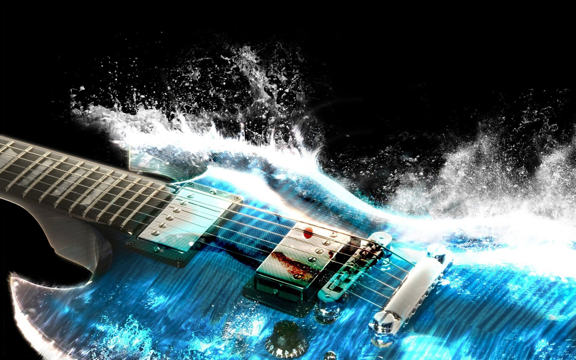 Chitarra elettrica, Spruzzi d'acqua, Blu, Sfondo nero, Full HD, wallpaper per PC