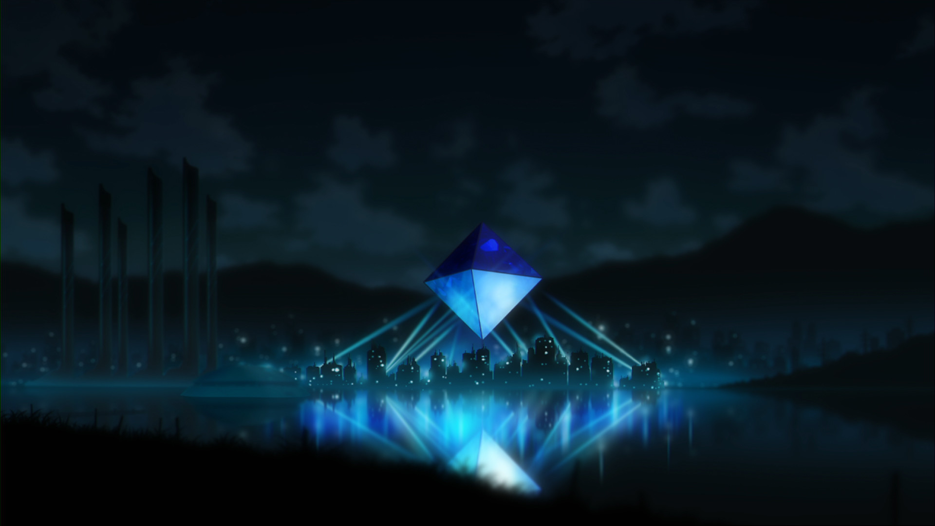 Ramiel, Angelo, Neon Genesis Evangelion, Notte, Riflesso blu, Full HD, sfondo desktop