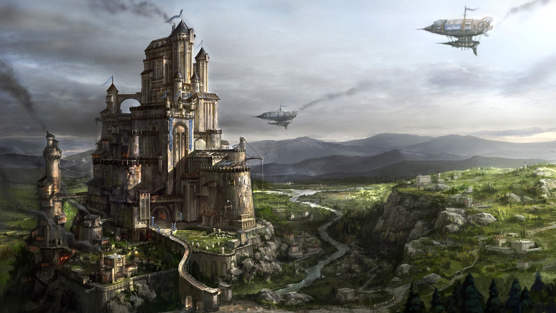 Castello, Dirigibili, Steampunk, Fantasy, Valle, 16:9 Full HD, sfondo widescreen