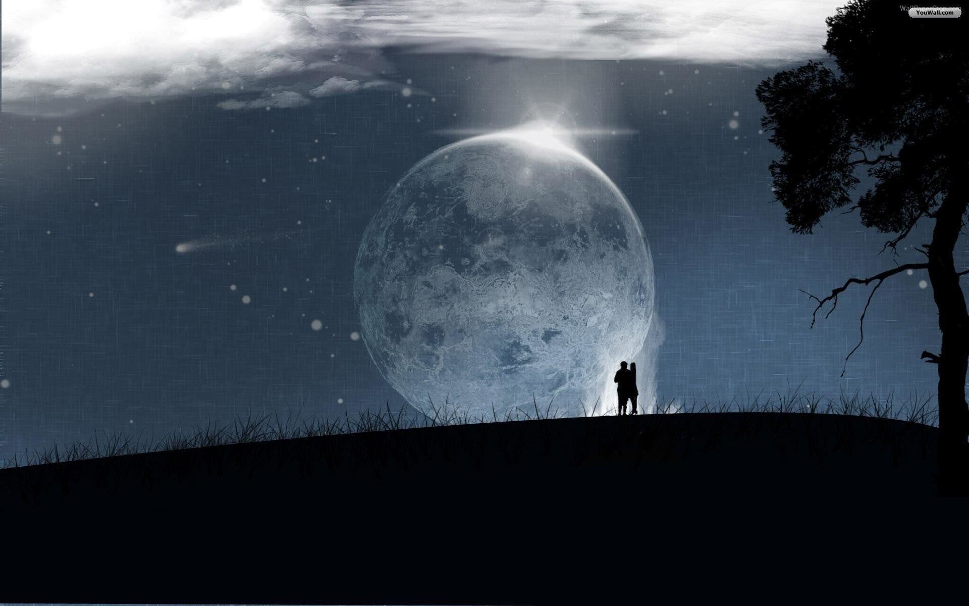 Luna gigante, Coppia, Silhouette, Albero, Notte, 1920x1200, sfondo MacBook Pro