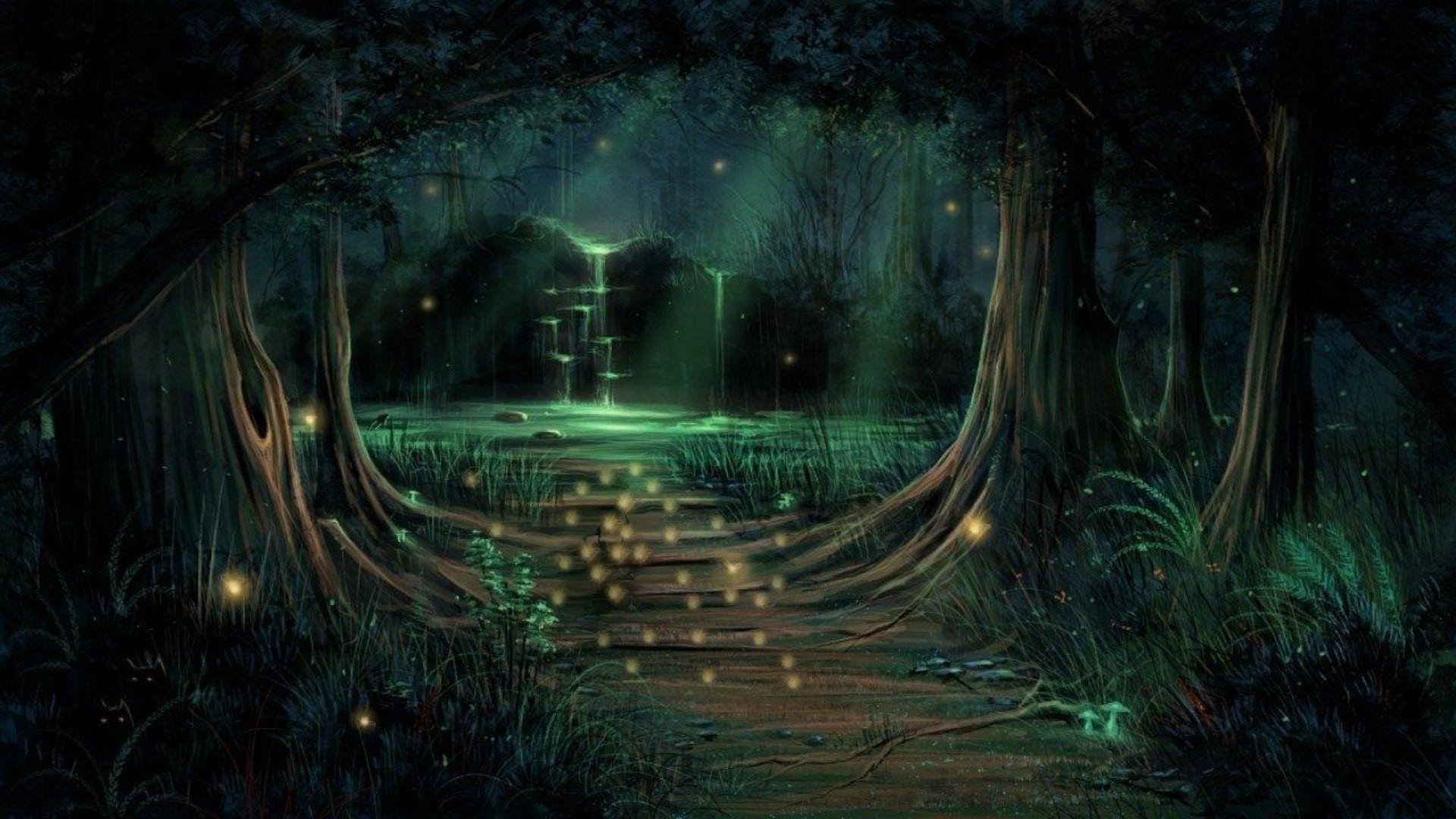 Foresta incantata, Lucciole, Sentiero, Notte, Fantasy, Full HD, wallpaper desktop