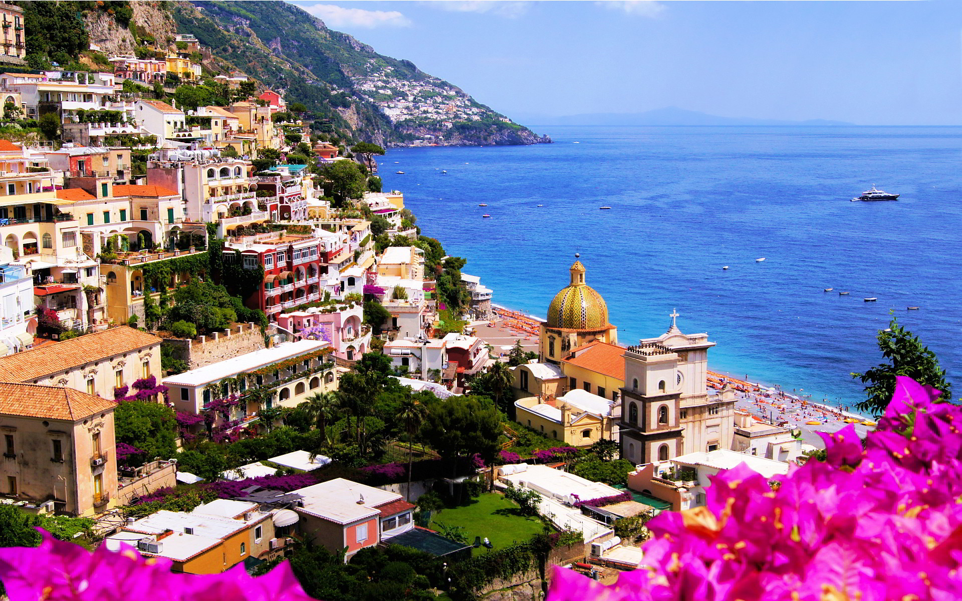 Positano, Costiera Amalfitana, Bouganville, Mare, 16:10 Full HD, sfondo widescreen