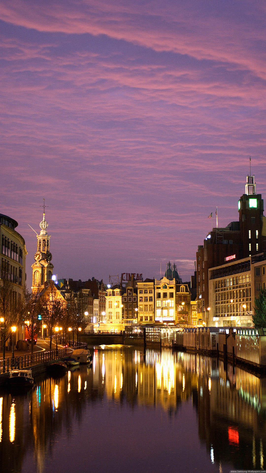 Amsterdam, Munttoren, Canale, Cielo viola, Crepuscolo, Full HD, wallpaper per smartphone