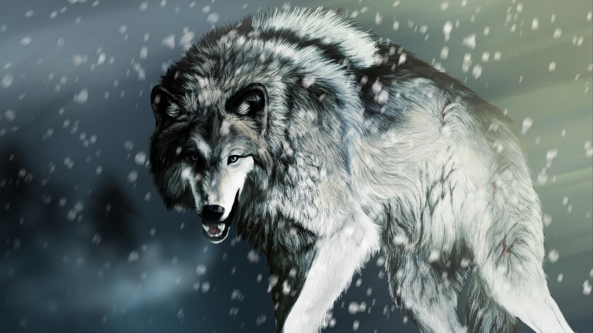 Lupo, Neve, Inverno, Pittura digitale, Full HD, sfondo Windows 11