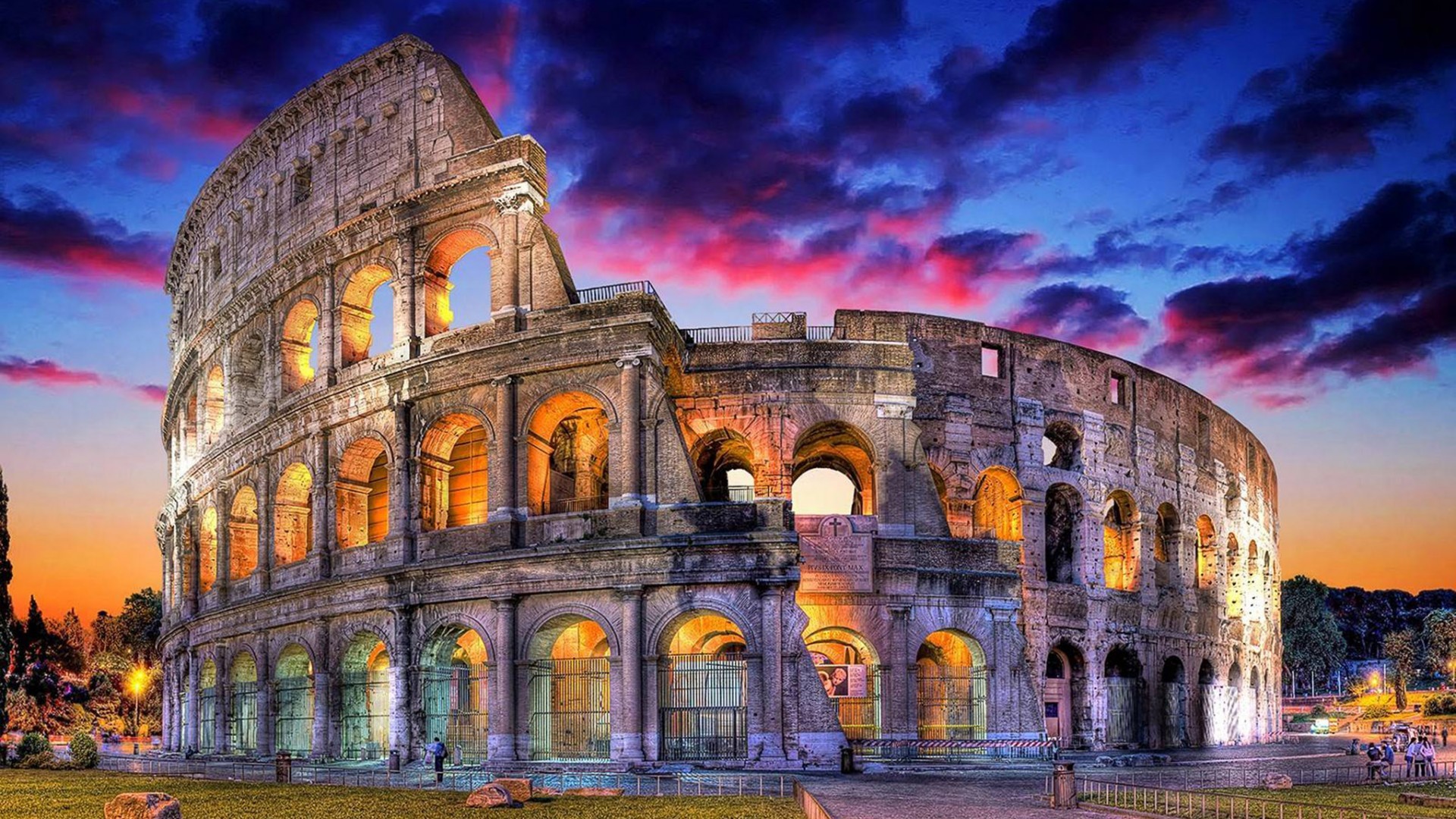 Colosseo, Roma, Crepuscolo, Illuminazione notturna, 16:9 Full HD, wallpaper widescreen