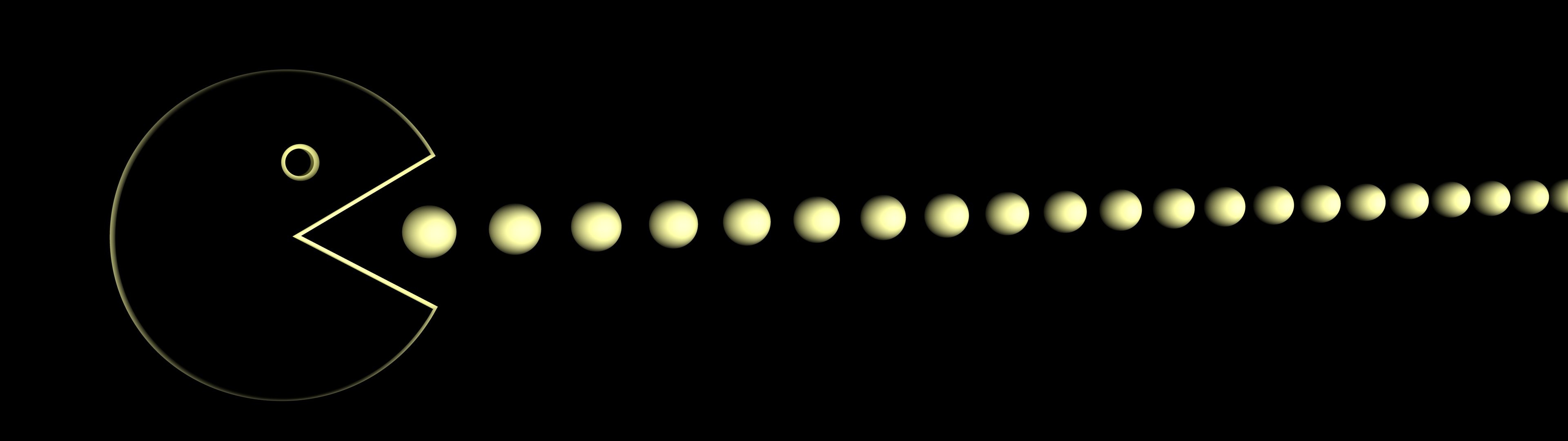 Pac-Man, Puntini, Contorno, Sfondo nero, Minimalismo, 3840x1080, wallpaper desktop