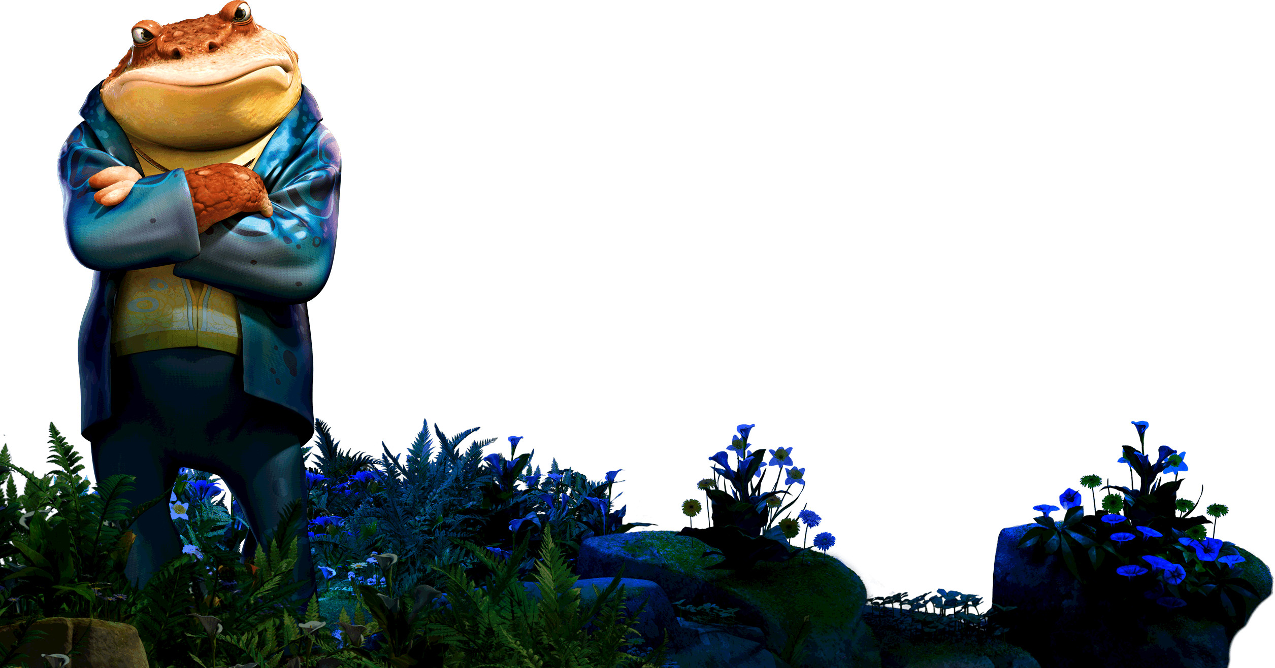 Bullfrog, Rana, Fiori blu, Personaggio 3D, Full HD, sfondo desktop