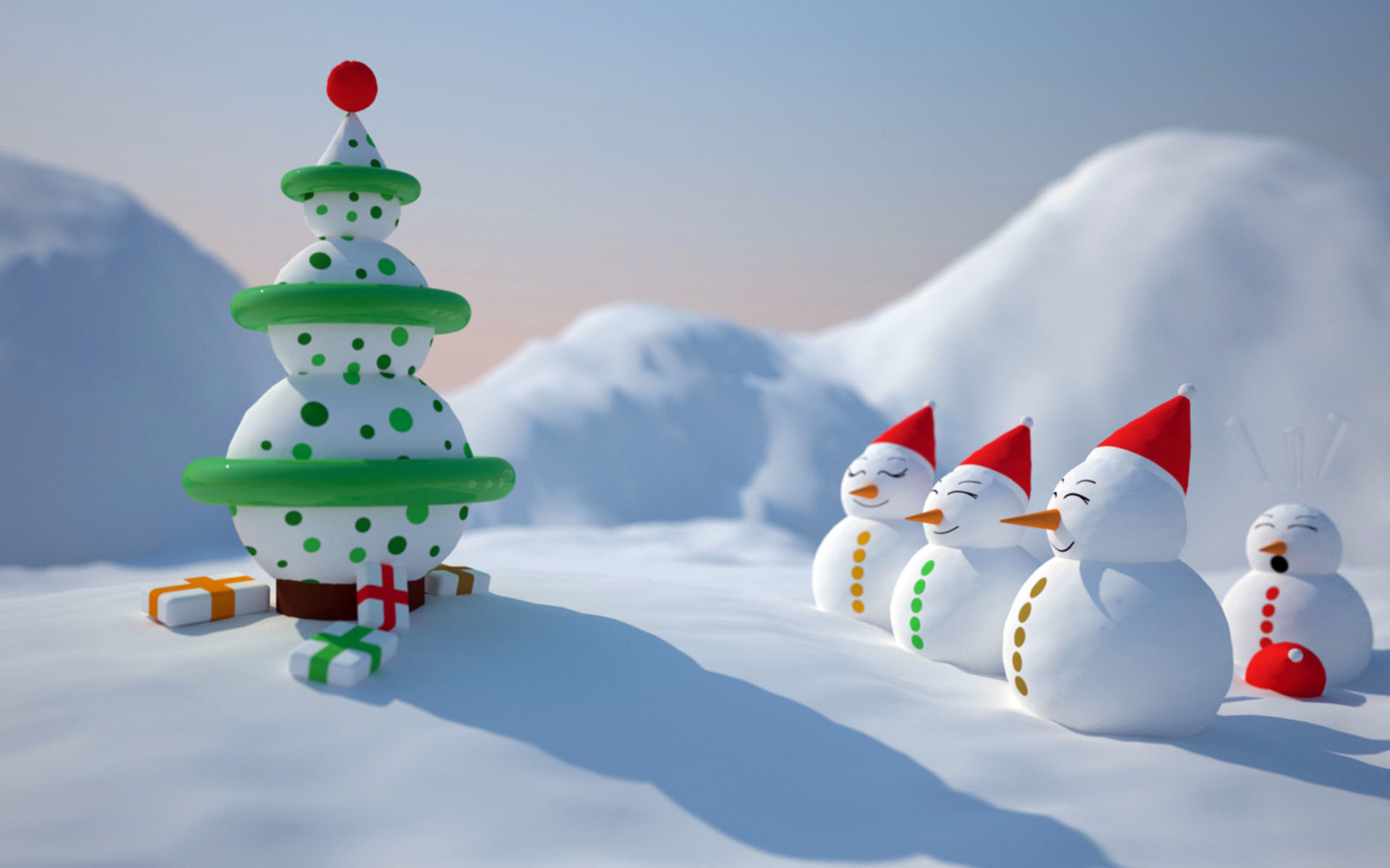 Natale, Pupazzi di neve, Albero stilizzato, Neve, 3D, 1920x1200, wallpaper desktop