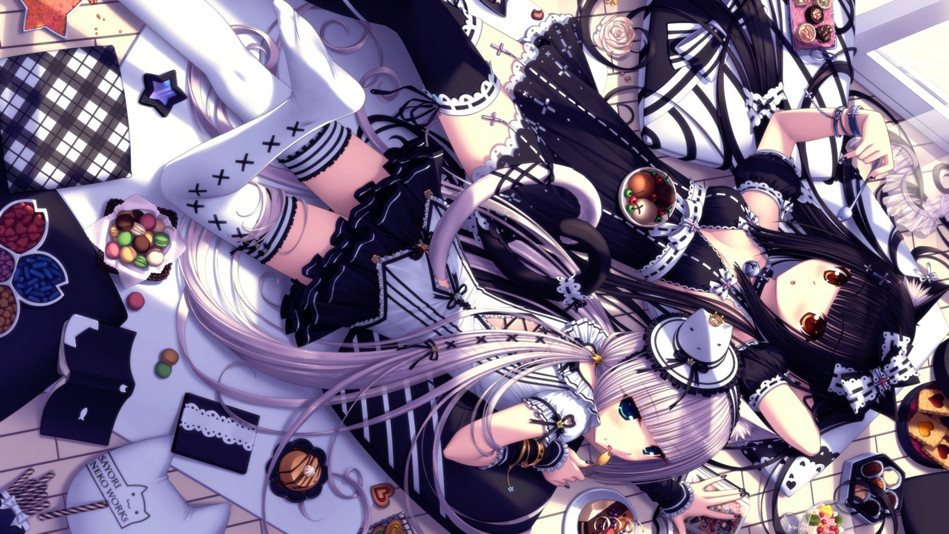 Ragazze anime, Gothic lolita, Dolci, Bianco e nero, Full HD 1080p, sfondo desktop