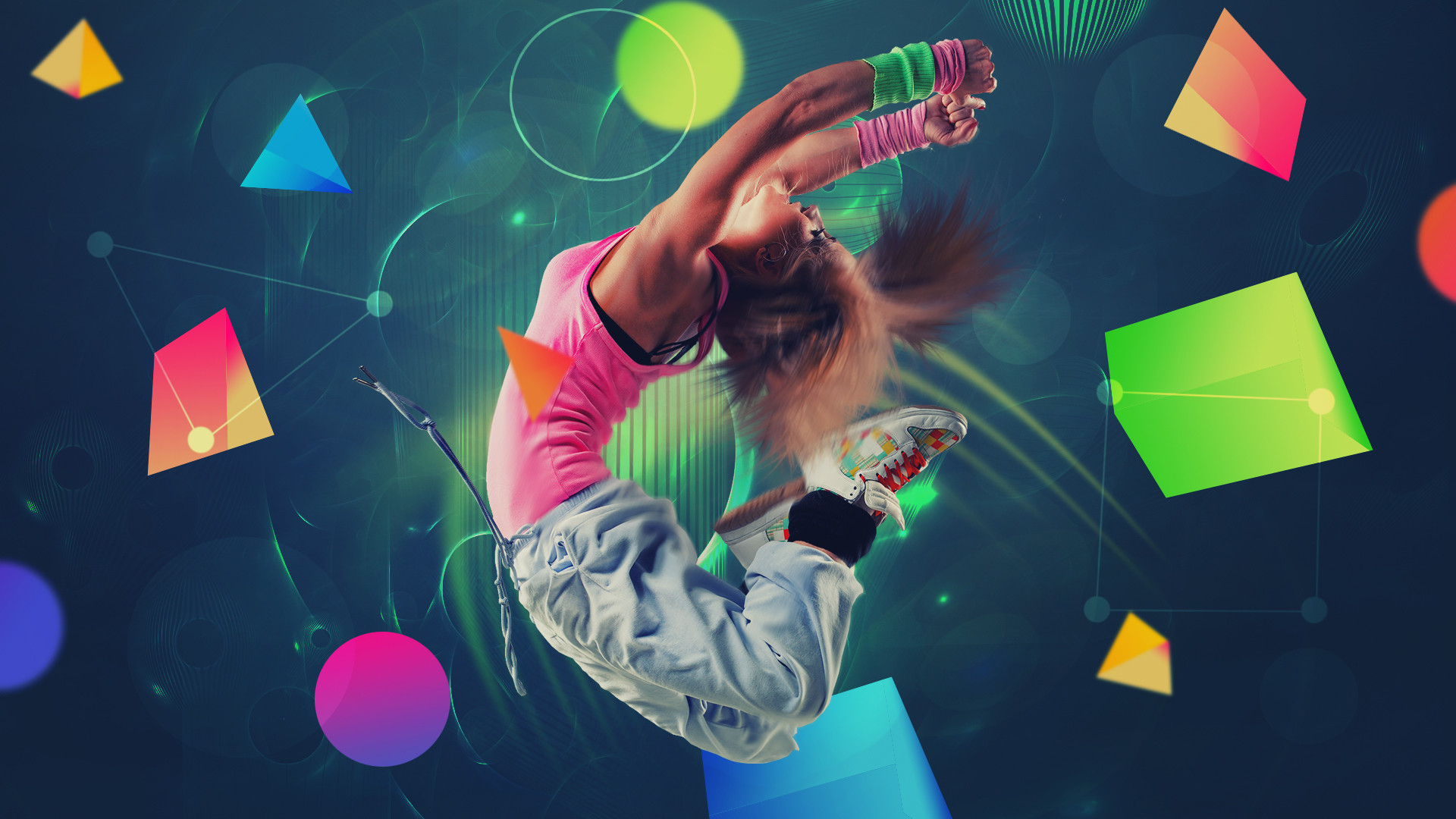 Ballerina hip hop, Forme geometriche, Colori vivaci, Arte digitale, sfondo widescreen Full HD