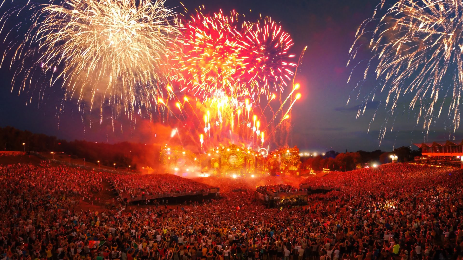 Tomorrowland, Fuochi d'artificio, Folla, Festival, Full HD 1080p, sfondo desktop