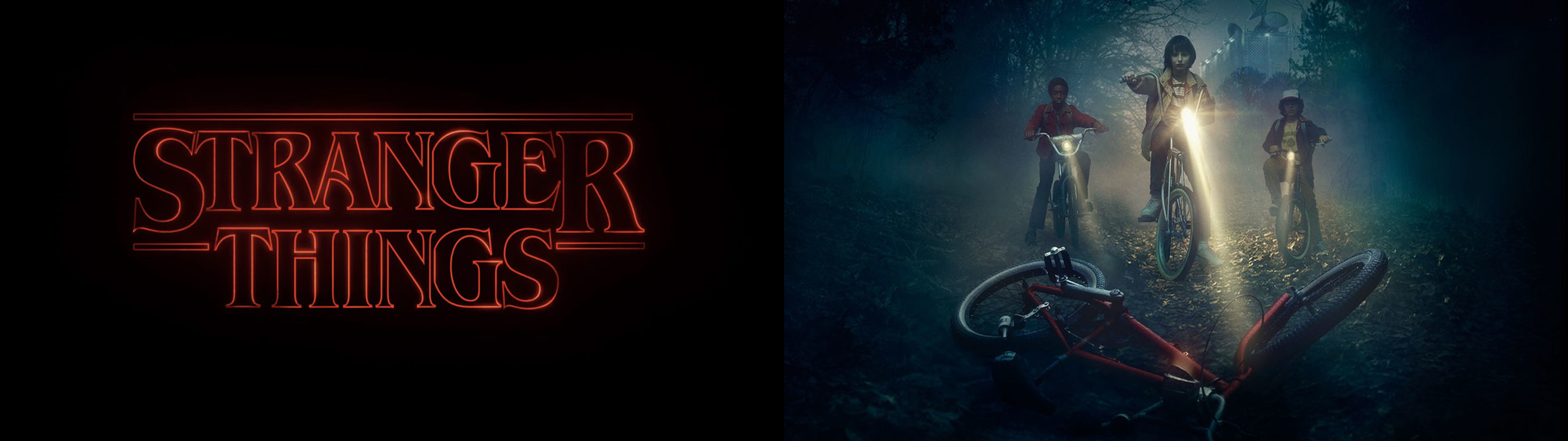 Stranger Things, Logo, Biciclette, Torce, doppio schermo, sfondo Full HD