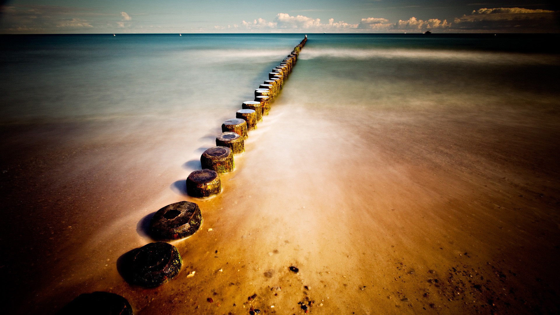 Frangiflutti, Spiaggia, Lunga esposizione, Tramonto, 16:9 Full HD, sfondo widescreen