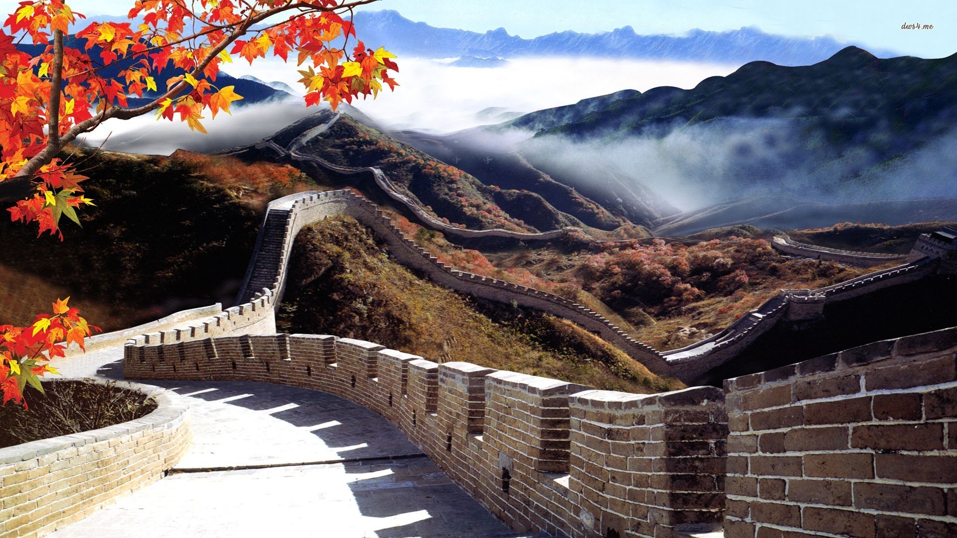Grande Muraglia cinese, Cina, Autunno, Foglie rosse, Nebbia, 1920x1080, immagine di sfondo