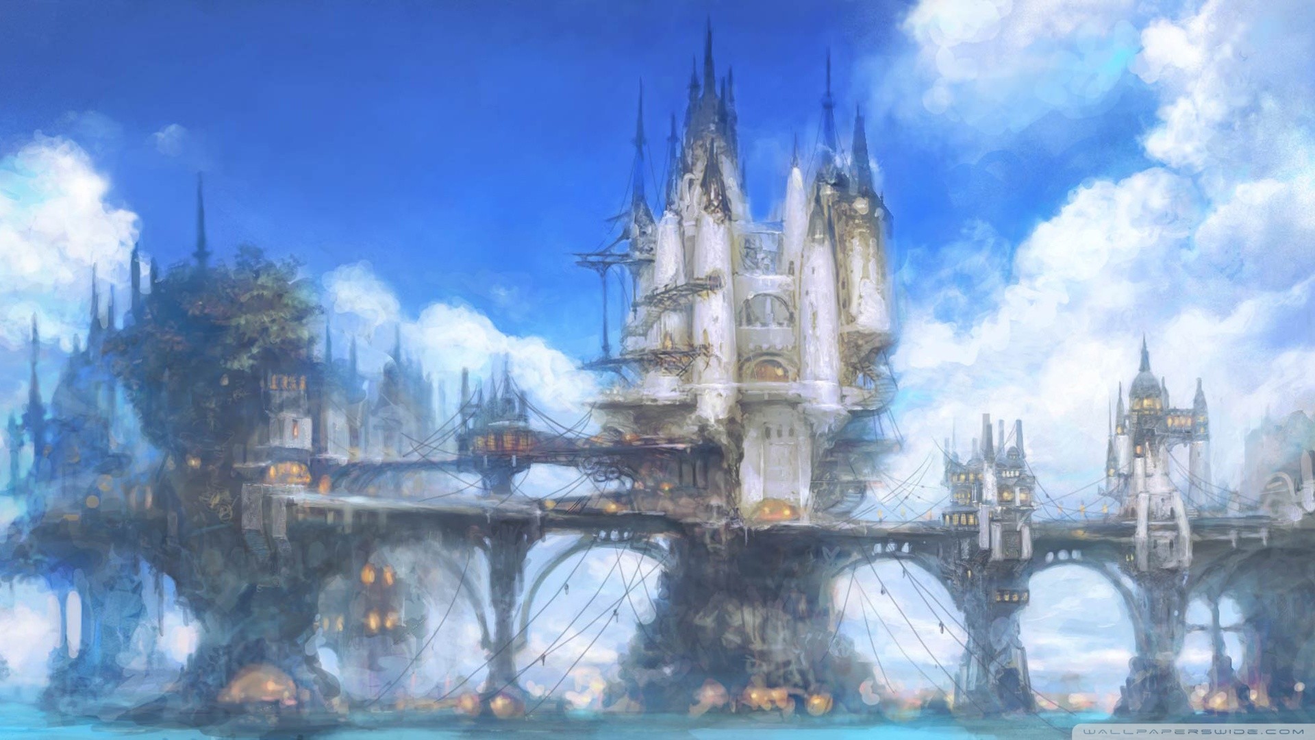Final Fantasy XIV, Ishgard, Castello, Ponte, Cielo azzurro, Full HD, wallpaper per computer