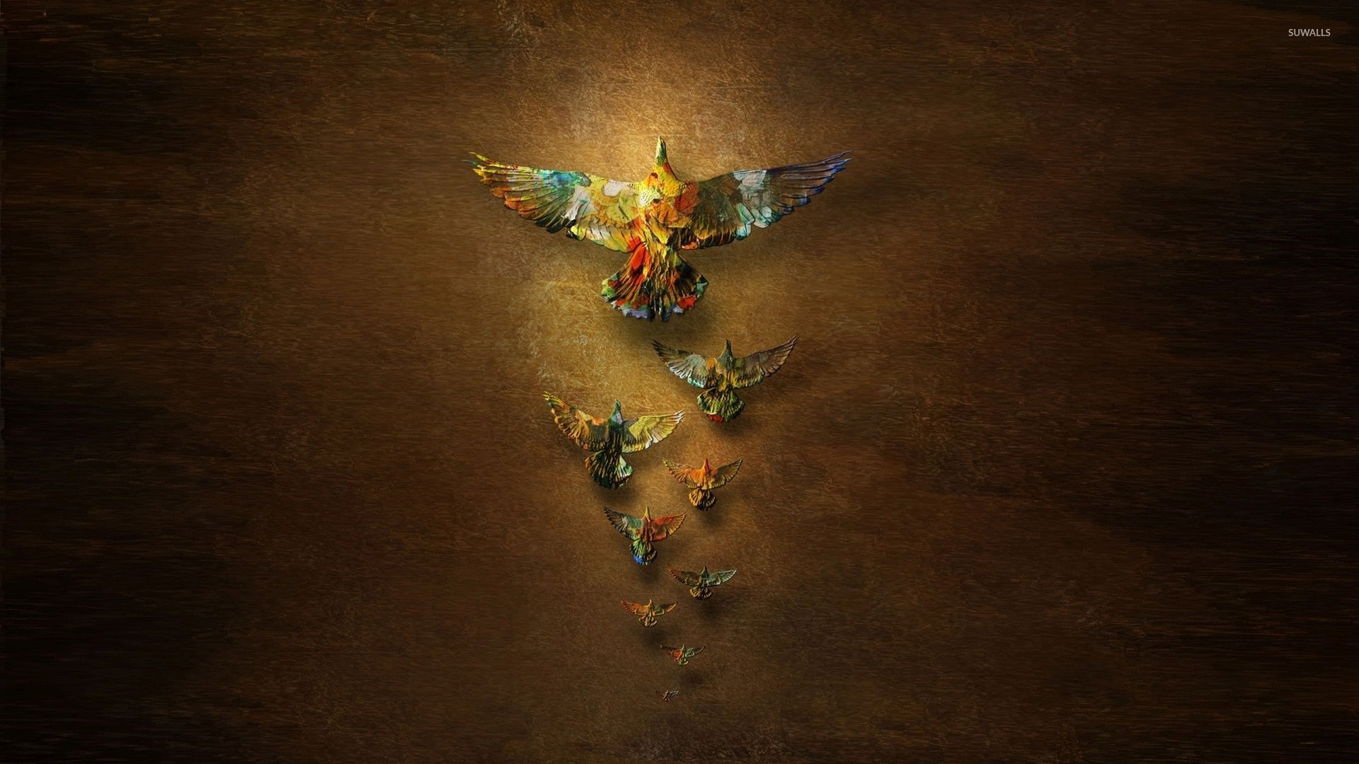 Uccelli, Colibrì, Arte digitale, Sfondo marrone, Full HD, wallpaper desktop