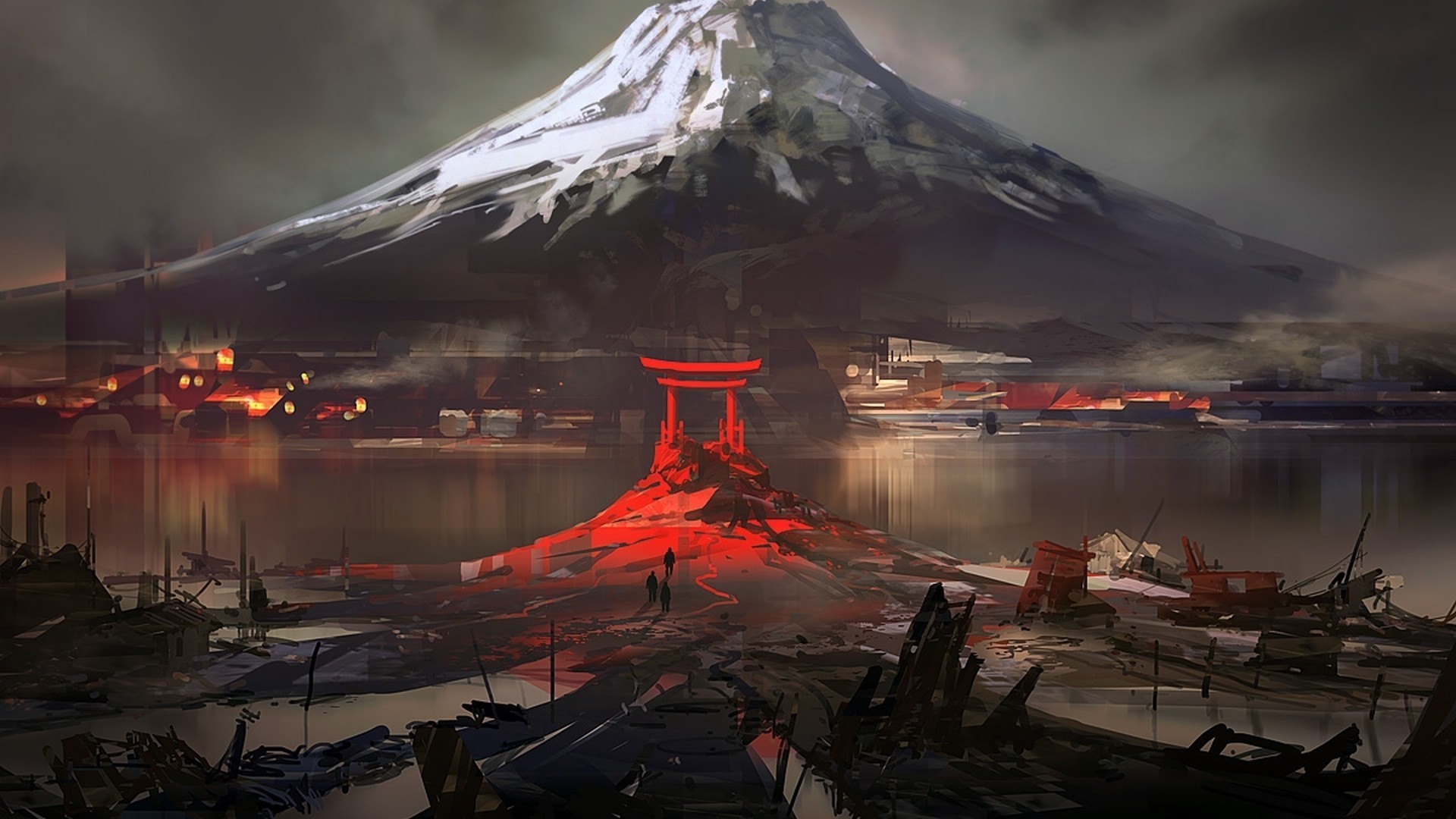 Monte Fuji, Torii, Giappone, Arte digitale, Post-apocalittico, Full HD, sfondo Windows 11
