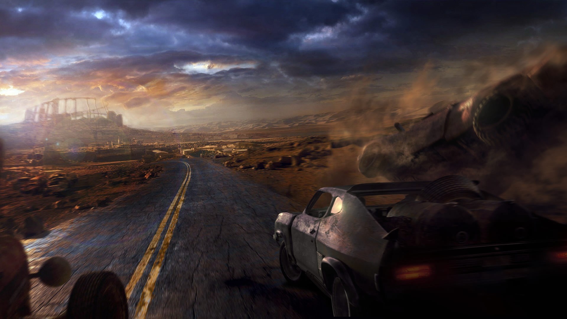 Mad Max: Fury Road, Interceptor, Strada, Deserto, Cielo tempestoso, sfondo Full HD per computer