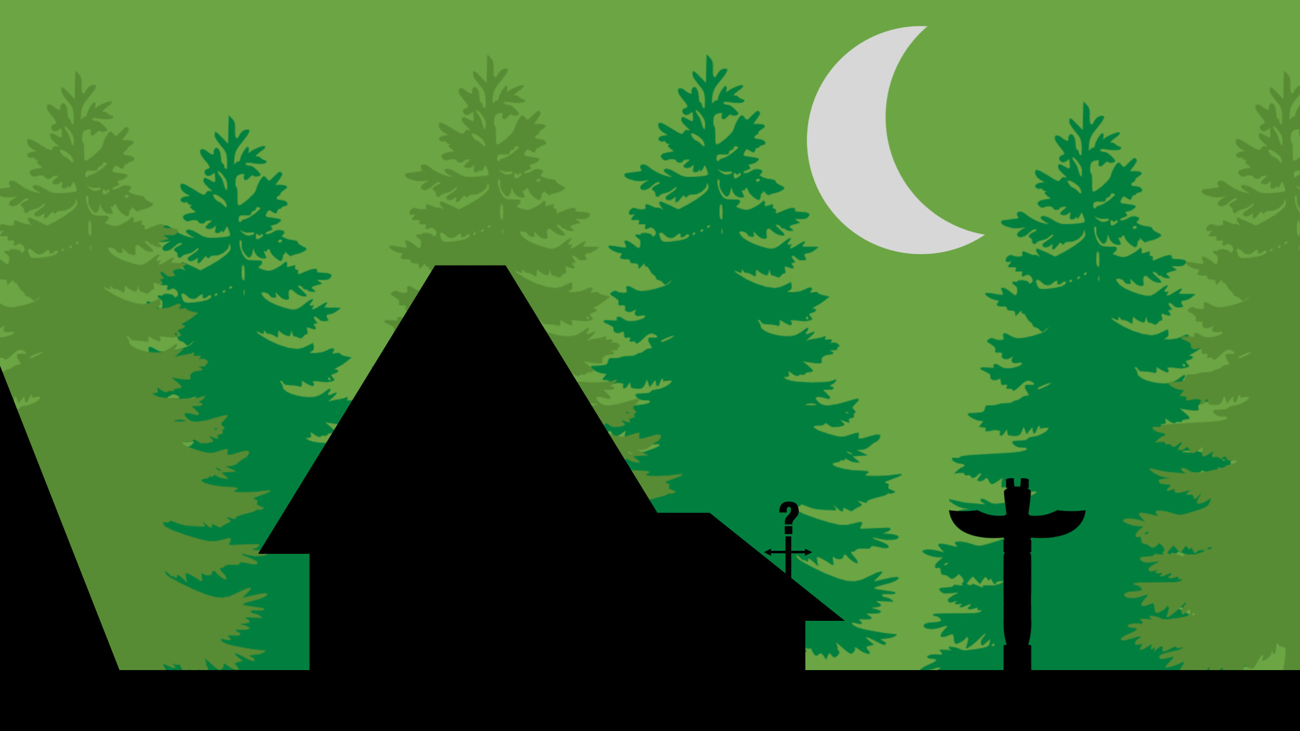 Mystery Shack, Gravity Falls, Silhouette, Luna, Foresta di pini, Minimalista, sfondo 1440p