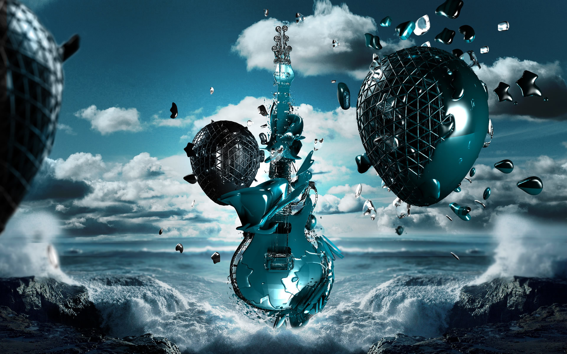 Chitarra, Surreale, Arte digitale, Nuvole, wallpaper per desktop