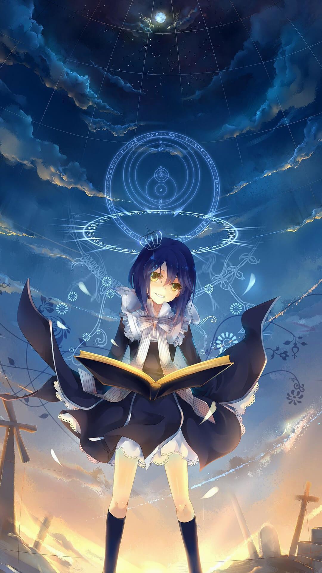 Ragazza anime, Libro, Magia, Cielo, Full HD, sfondo verticale per cellulare