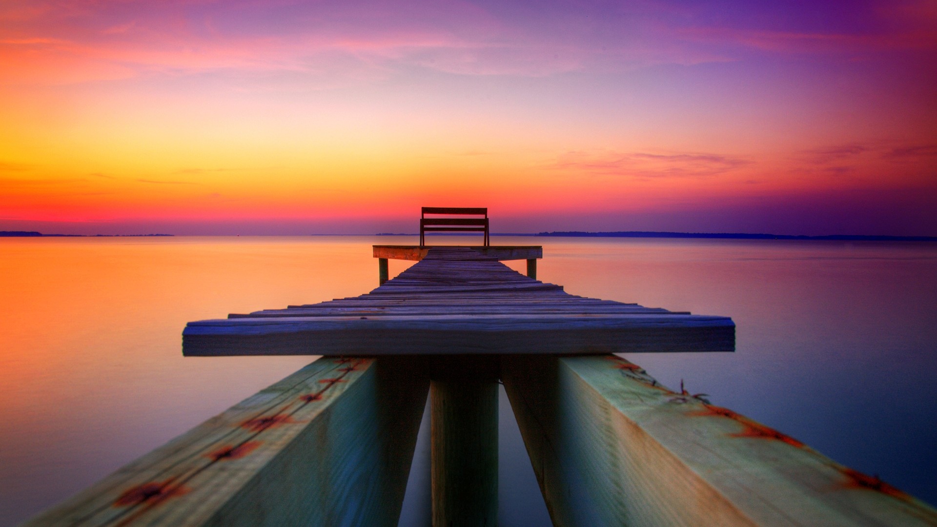 Pontile, Tramonto, Mare, Cielo arancione, Prospettiva, immagine di sfondo PC