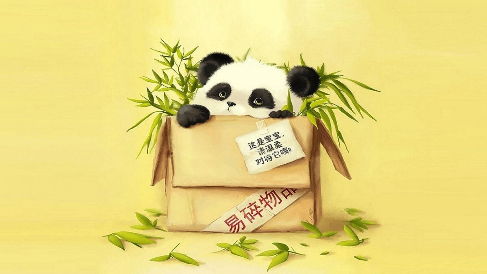 Cucciolo di panda, Scatola di cartone, Bambù, Illustrazione, Full HD 1080p, sfondo desktop