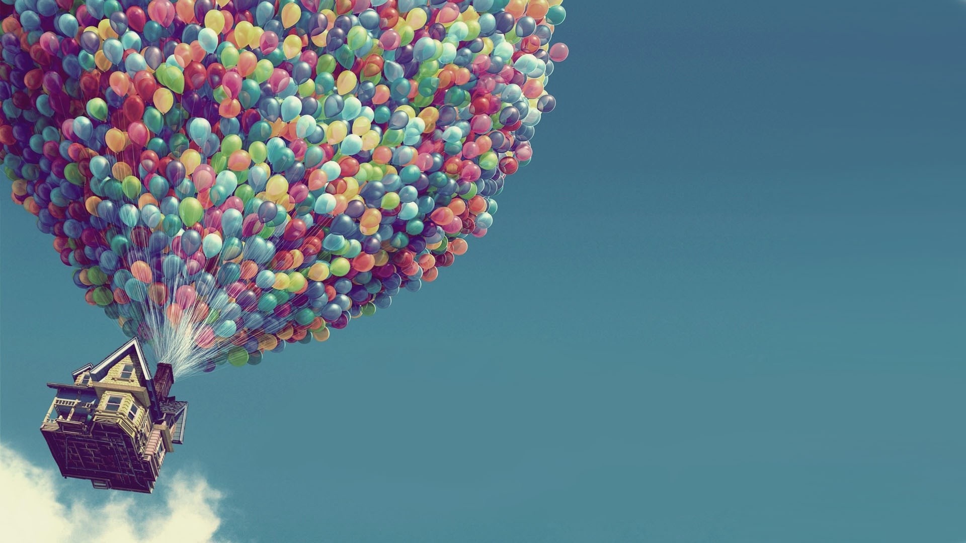Up, Casa con palloncini, Palloncini colorati, Cielo, Full HD, sfondo per PC e portatile