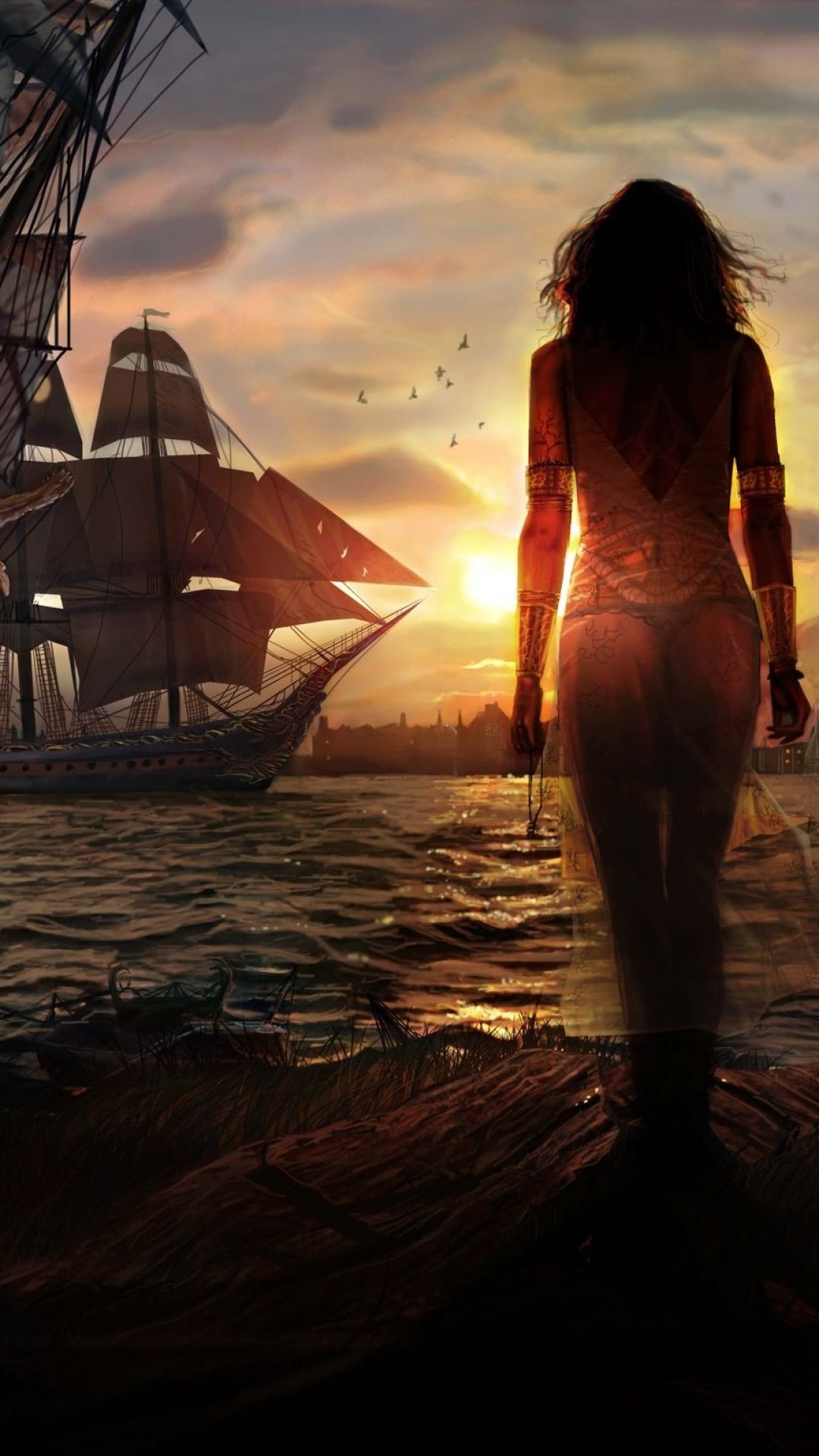 Pirati, Nave pirata, Tramonto, Mare, Full HD, schermata di blocco del cellulare