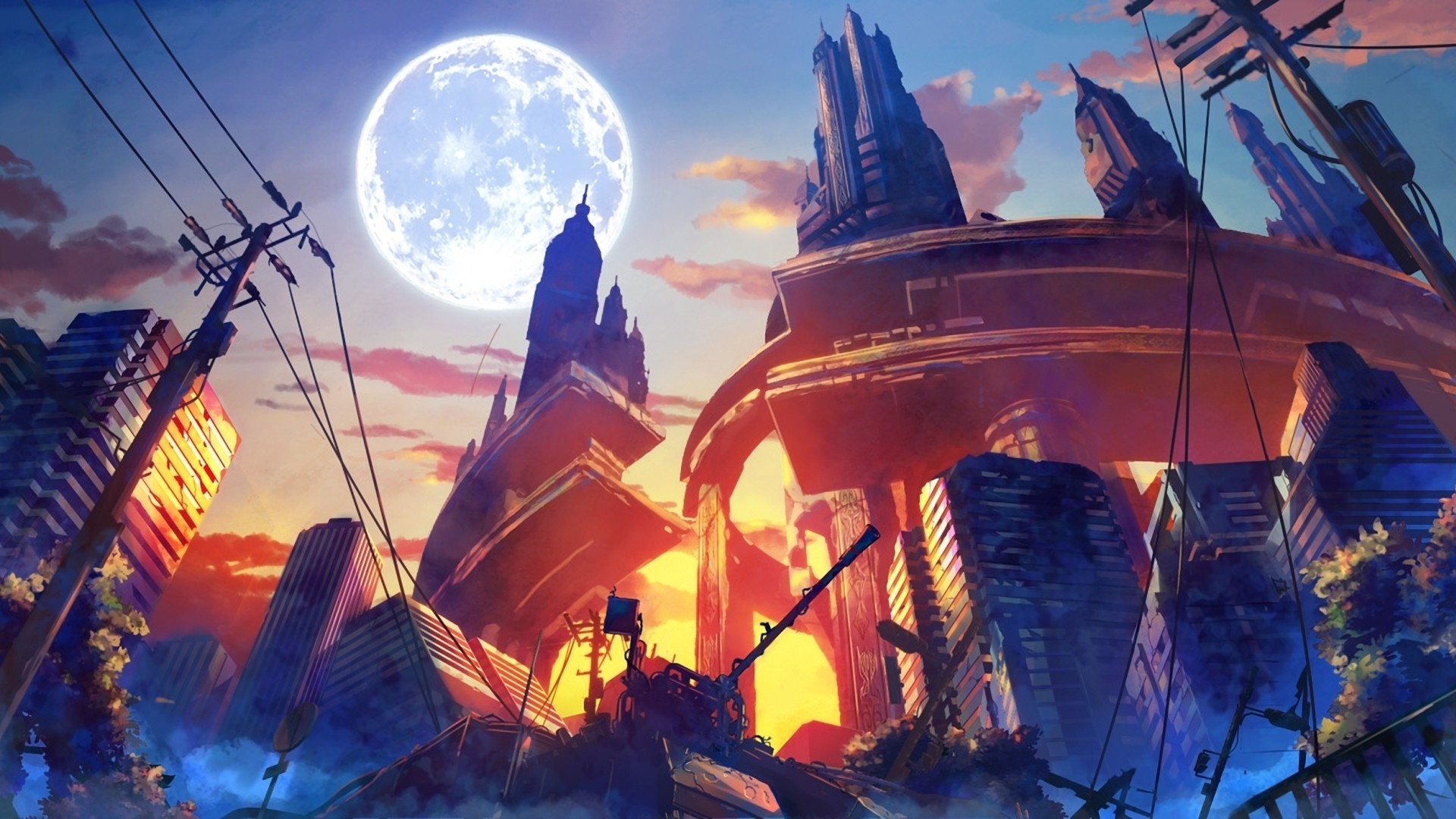 Città futuristica, Luna piena, Tramonto, Grattacieli, Arte digitale, wallpaper Windows 11