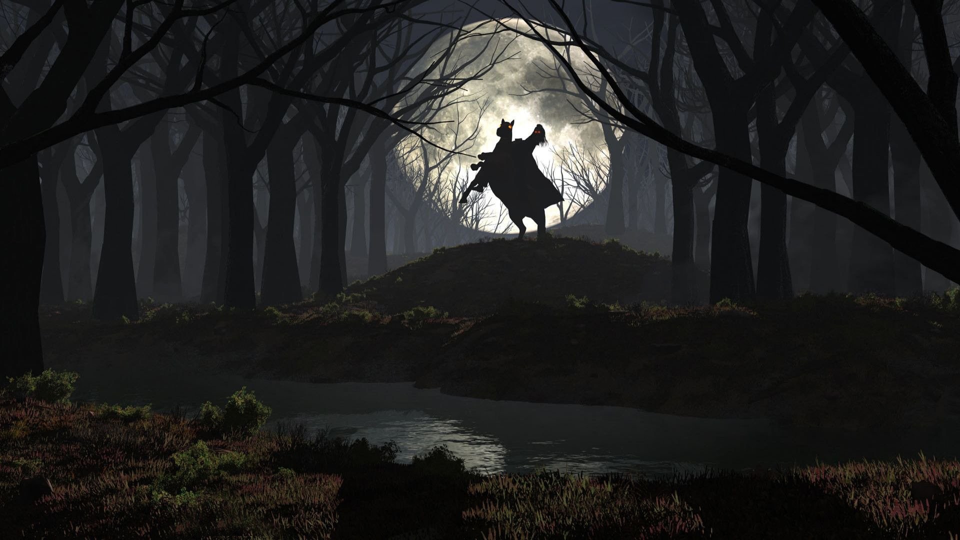 Cavaliere senza testa, Luna piena, Foresta oscura, Horror, 1920x1080, immagine di sfondo