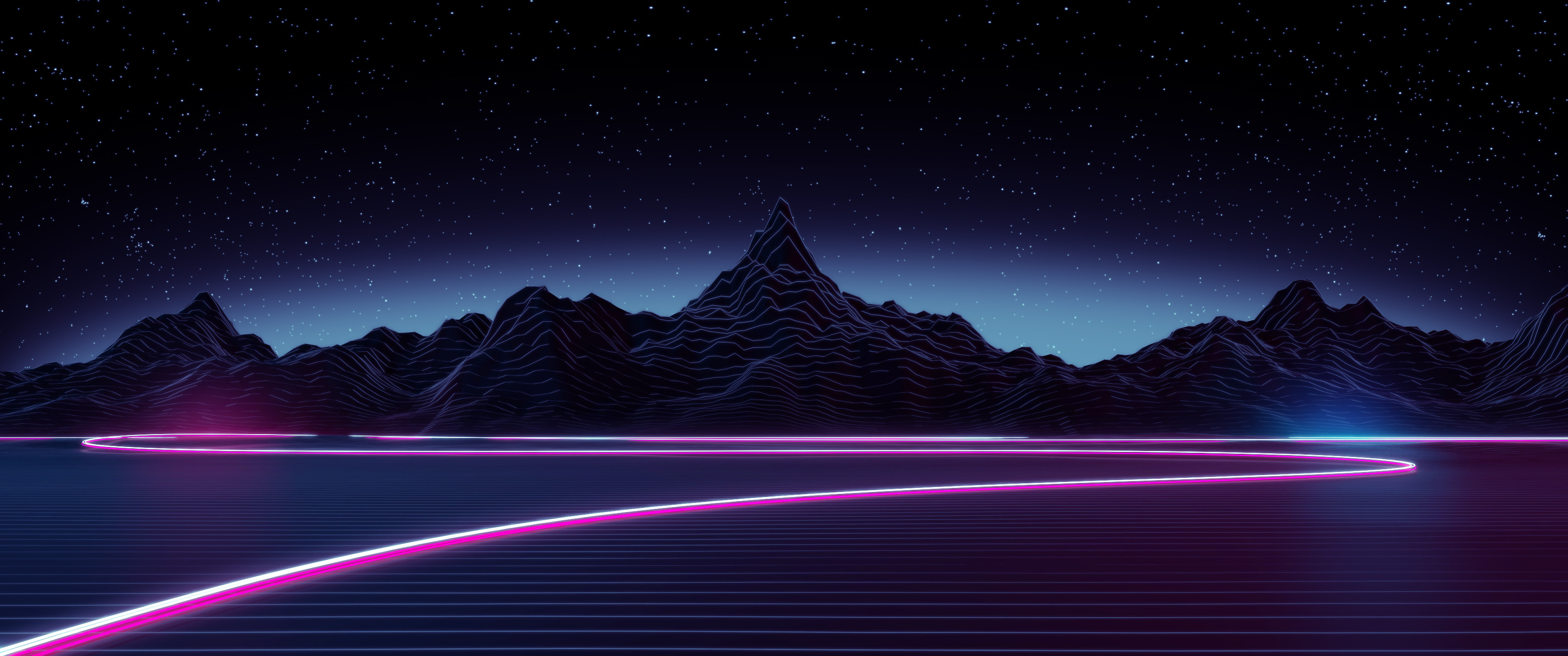 Synthwave, Montagne, Linea neon, Notte, 3440x1440, immagine di sfondo