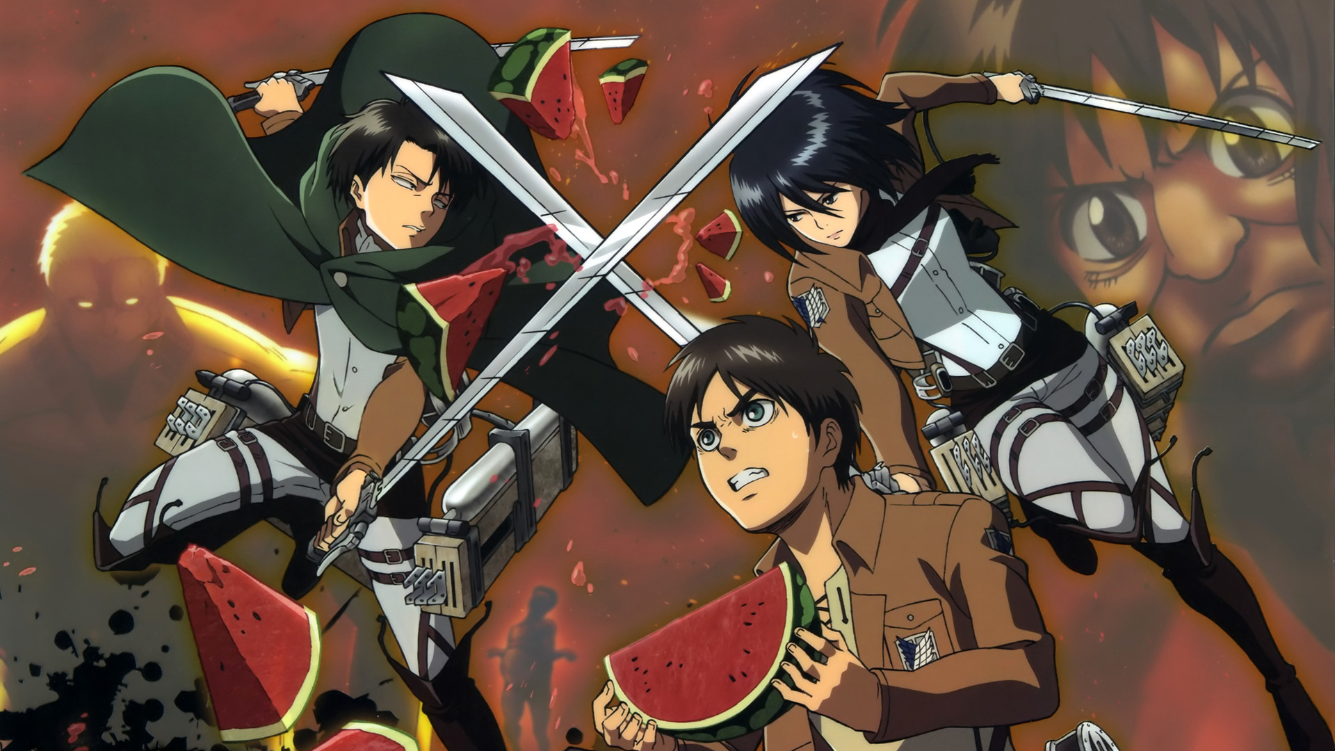 Levi Ackerman, Eren Jaeger, Mikasa Ackerman, Anguria, Umorismo, Full HD, sfondo per portatile