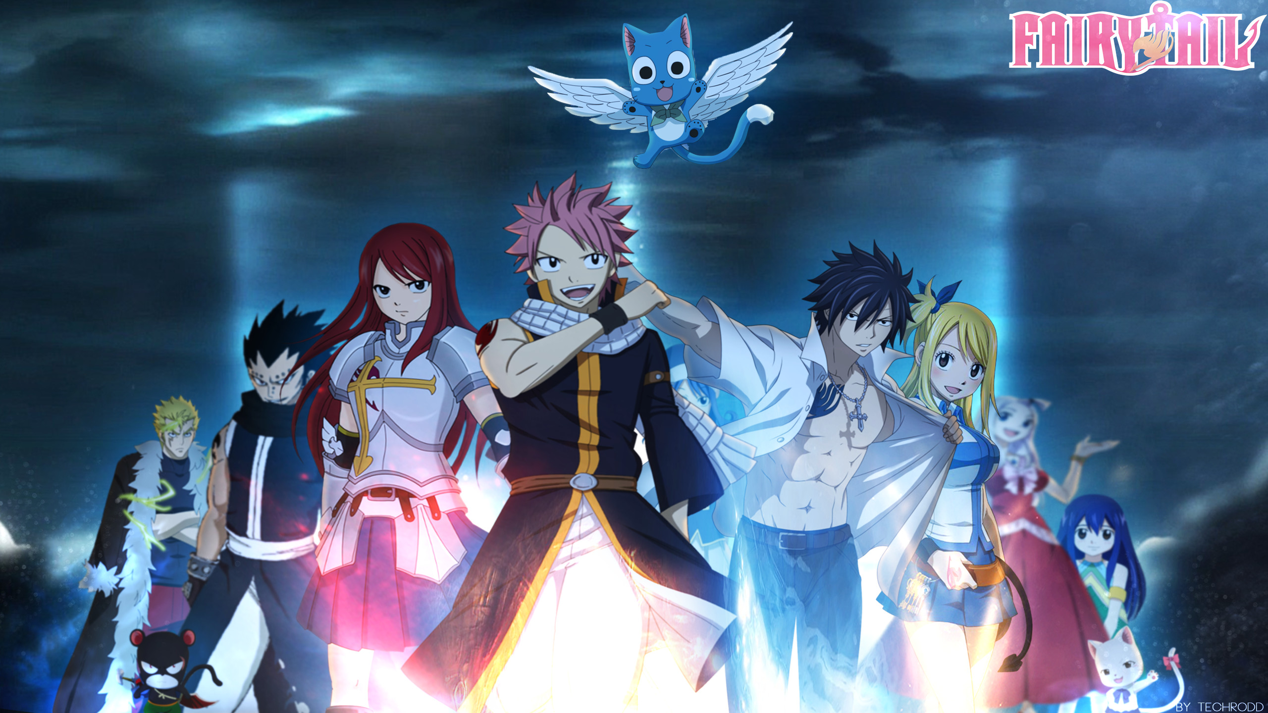 Natsu Dragneel, Erza Scarlet, Gray Fullbuster, Happy, Fairy Tail, Logo, sfondo Windows 11