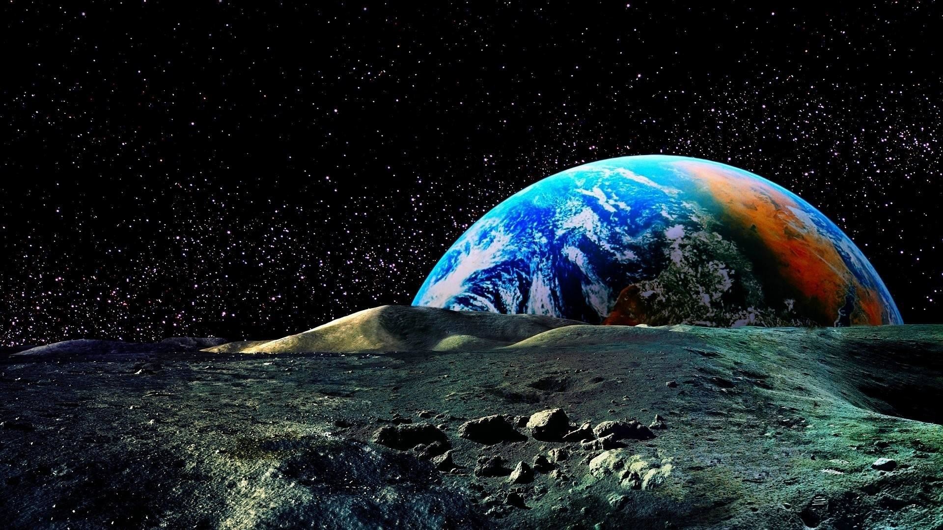 Terra, Superficie lunare, Spazio, Stelle, Full HD, sfondo per portatile
