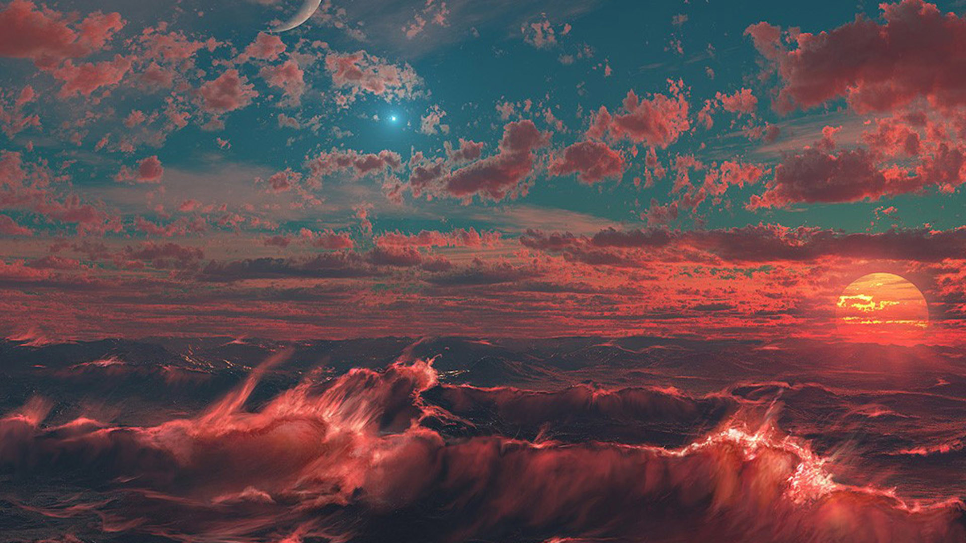 Mare di nuvole, Tramonto, Sole rosso, Arte digitale, Onde, Full HD, sfondo Windows 11